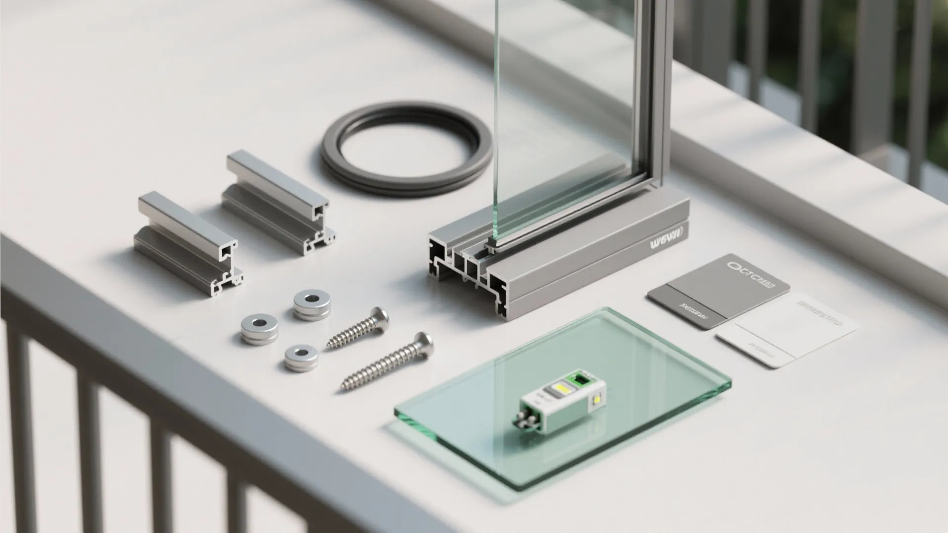 Flatlay of aluminum profiles, gaskets, fasteners, glass, and LED drivers for balcony aluminium design