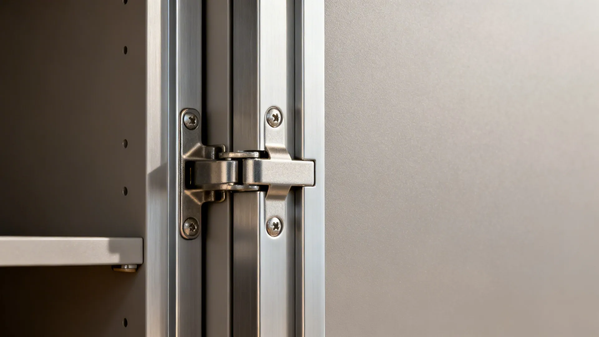 Macro of an anodized aluminium frame with a soft-close hinge and matte door surface.