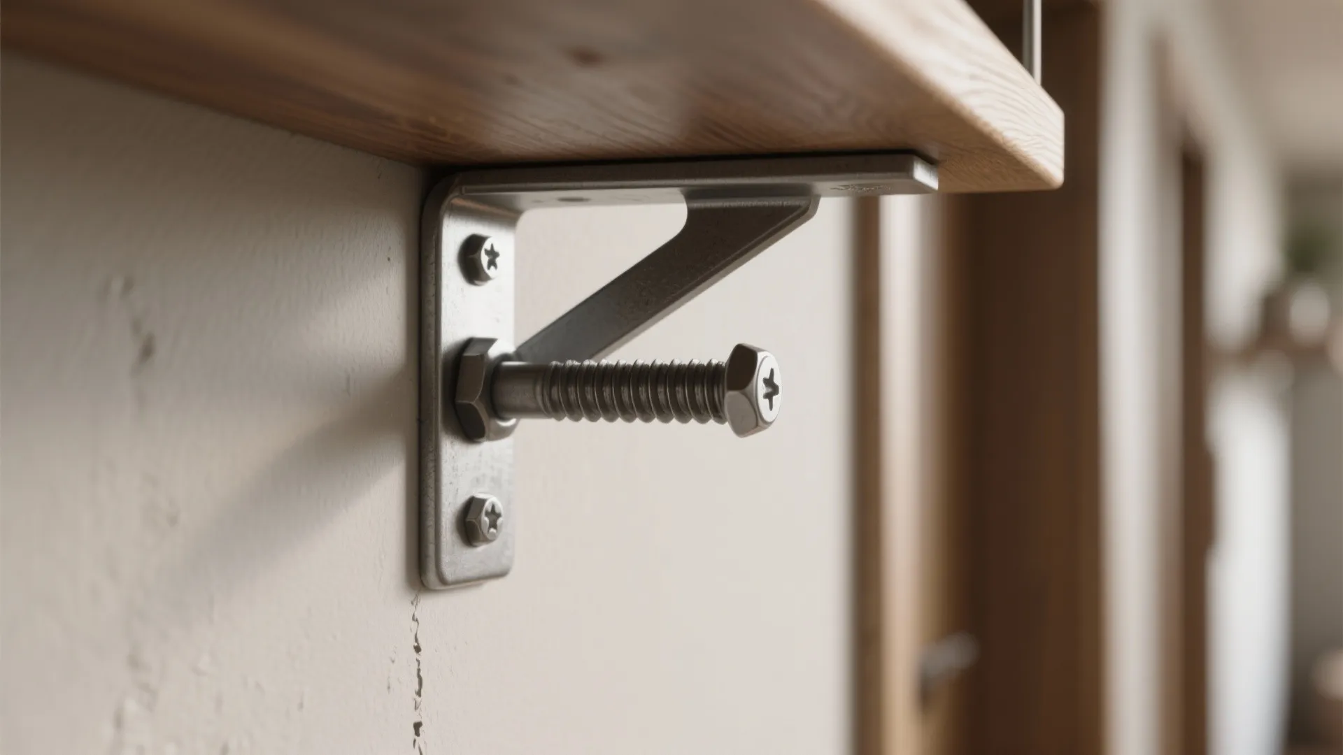 Macro view of a shelf bracket securely anchored into a wall stud through drywall.