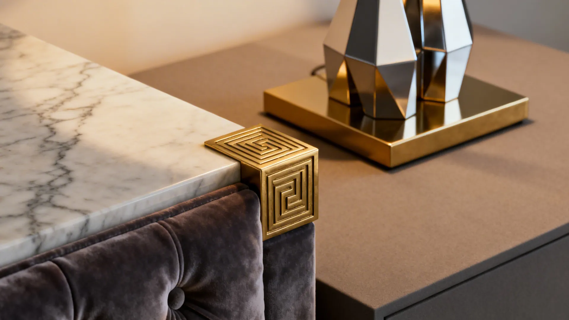 Close-up of brass, marble, velvet and geometric lamp details for Art Deco interiors.