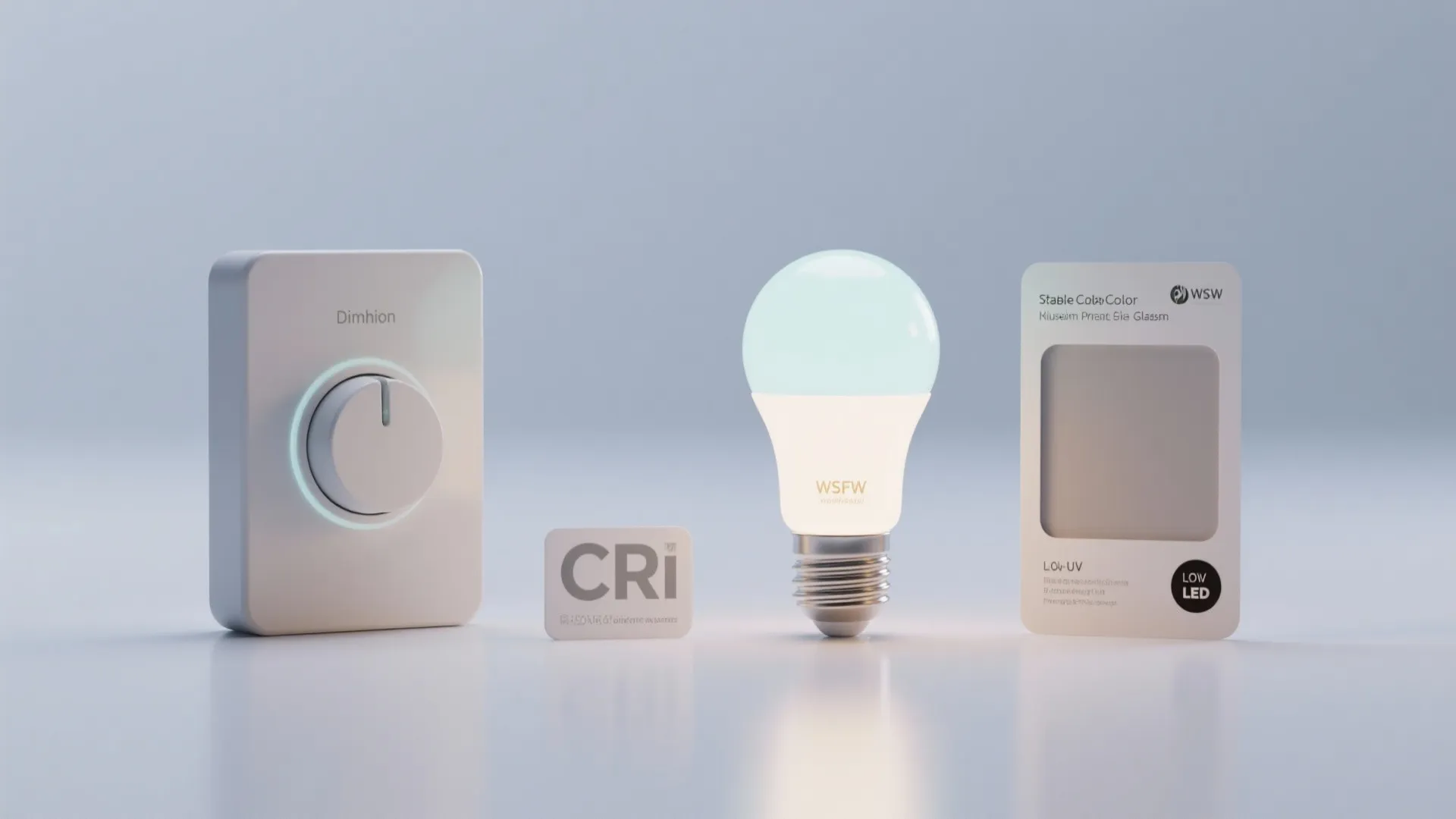 Modern white dimmer switch and bright light bulb with CRI label on a clean background