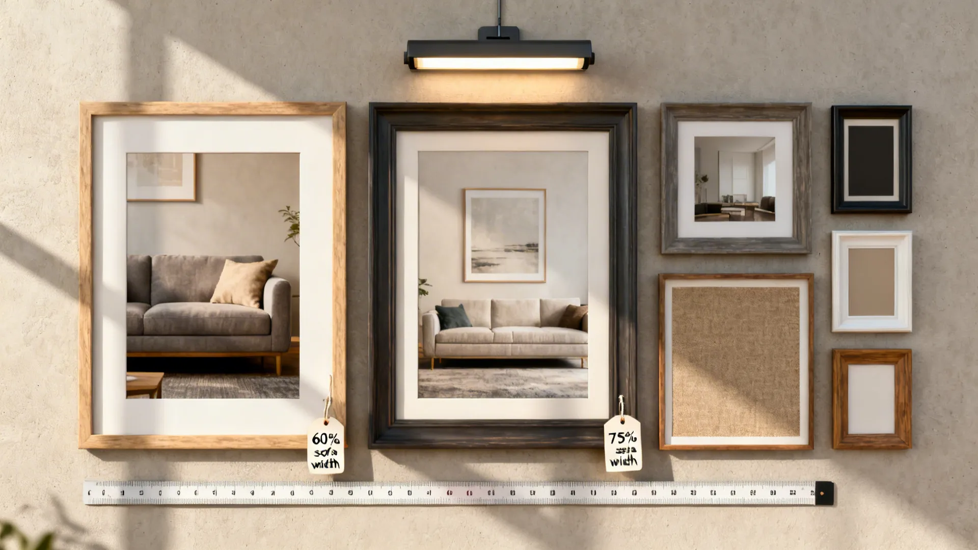 Framed prints with measuring tape indicating art should be 60–75% of sofa width and sample picture light.