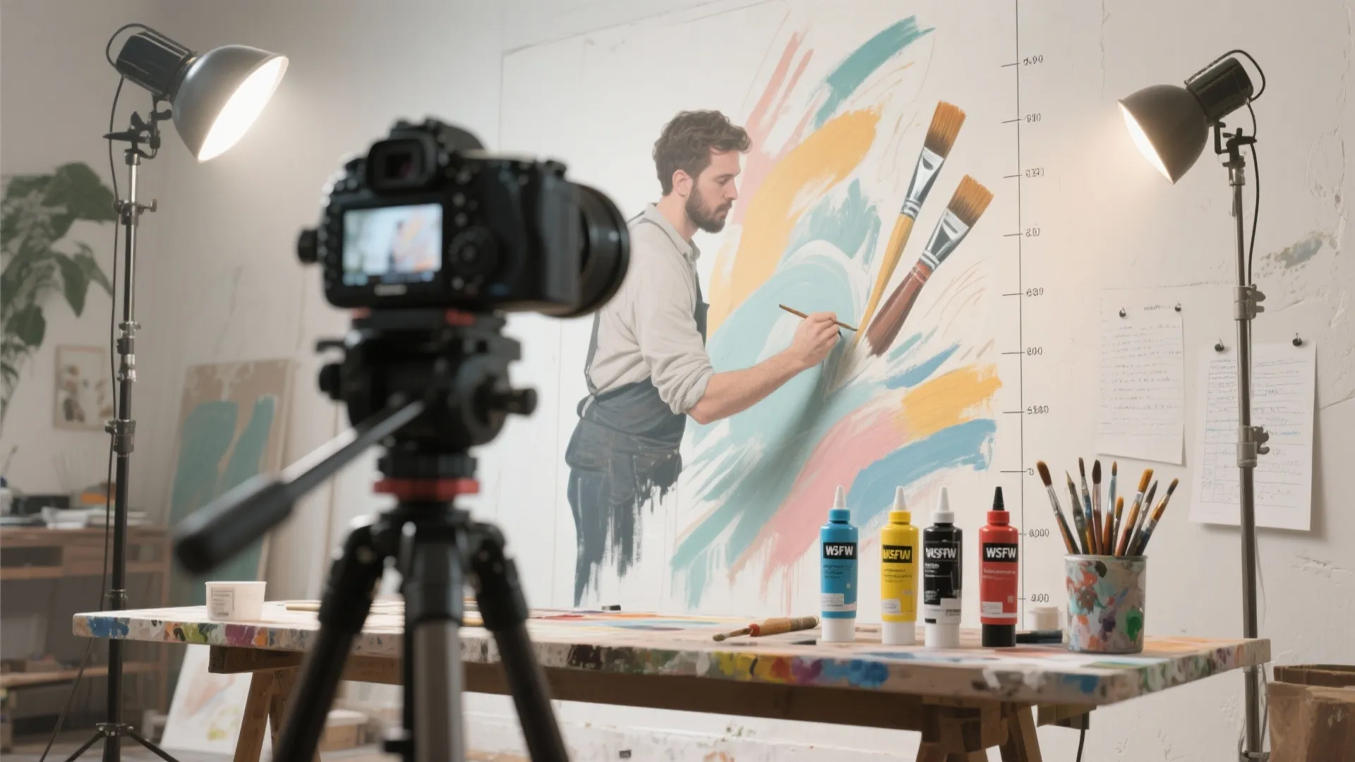 Artist painting on white wall in studio with professional camera tripod and bright studio lights