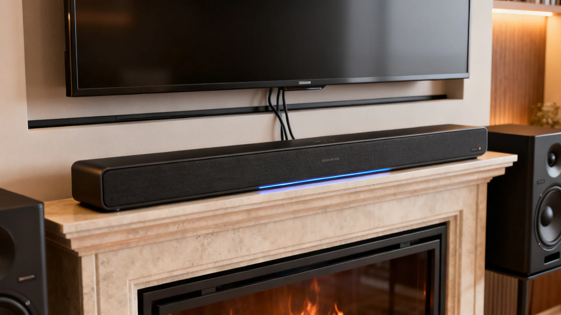Soundbar and wireless subwoofer integrated below a TV mounted above a fireplace, showing hidden cables and matte screen.
