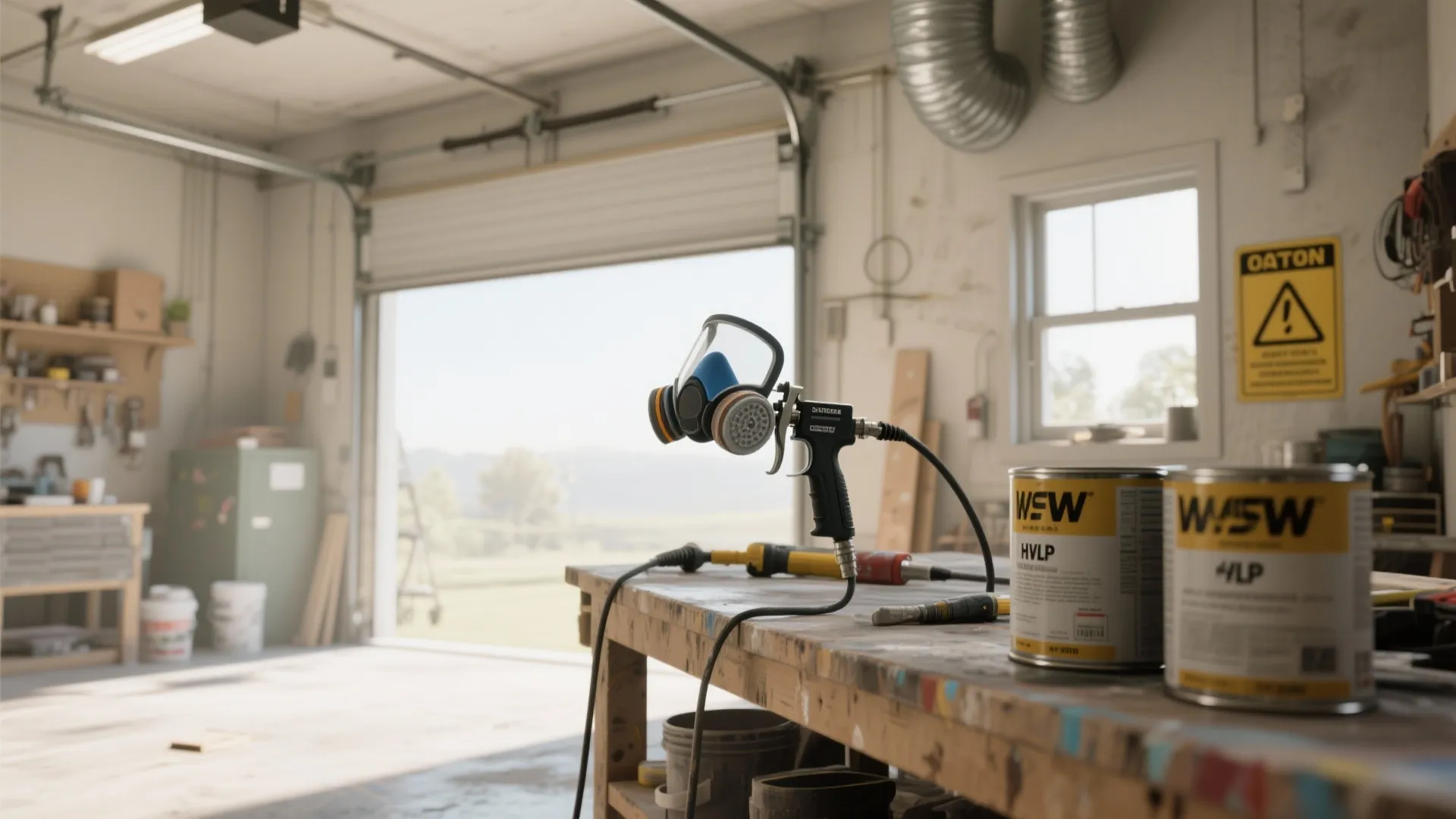 Workshop table with paint cans and a paint spray gun resting in front of garage door