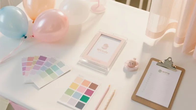 Soft Pastel Home Office Setup with Balloons & Color Samples