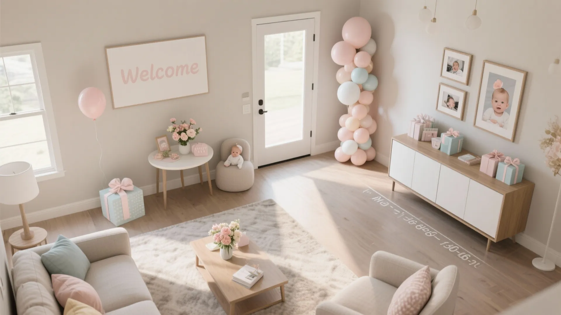 Baby shower party room with pink balloons, welcome sign, gifts, sofa, cabinet, and coffee table