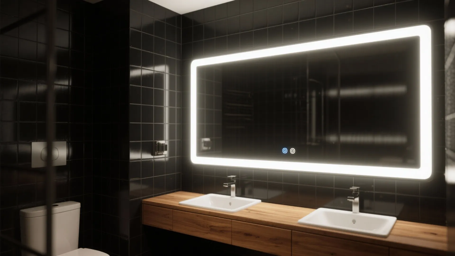 Modern bathroom featuring a large glowing wall mirror double white sinks and dark tiled walls