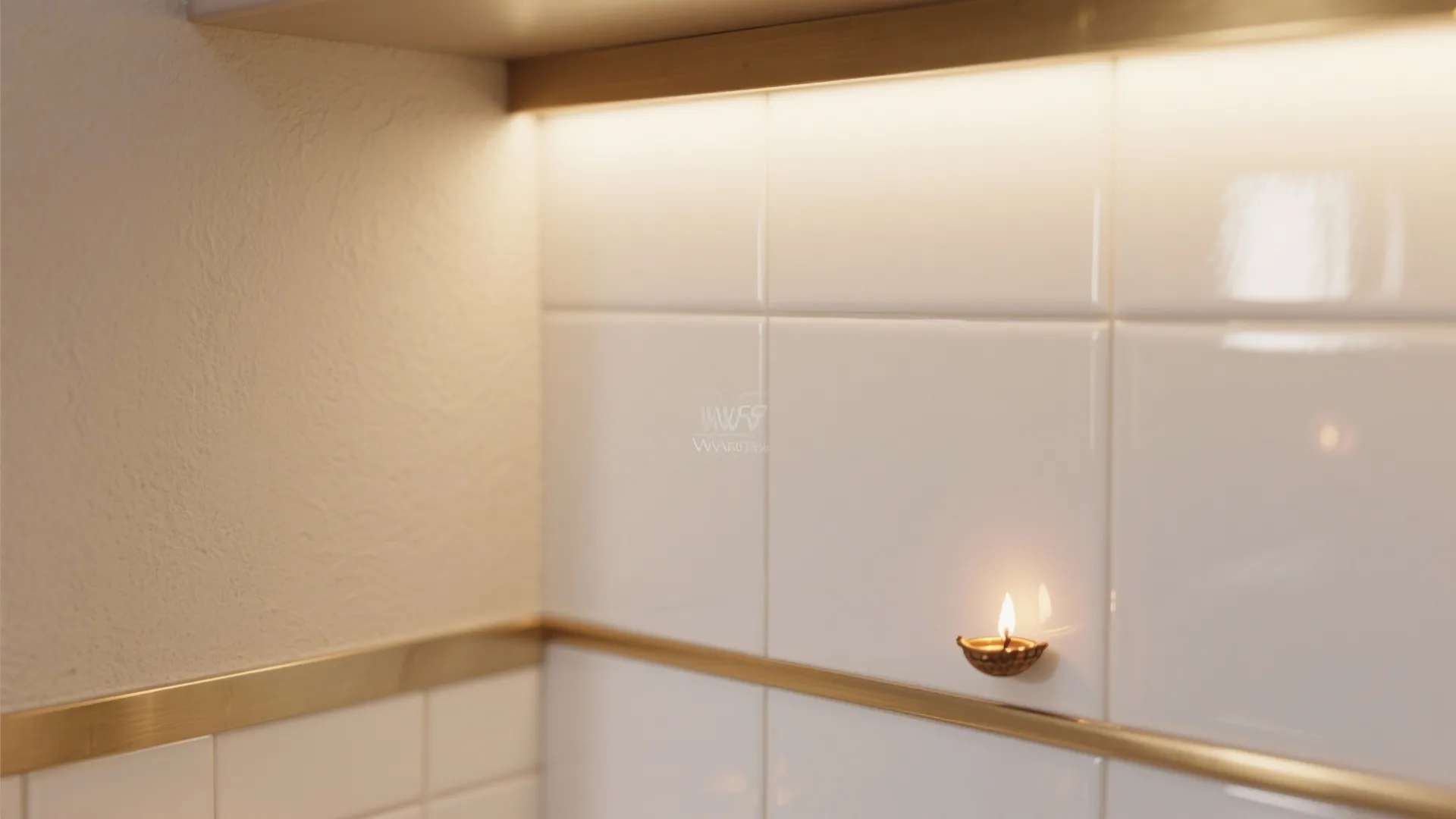 Close up of white wall tiles with gold trim and a small lit candle light