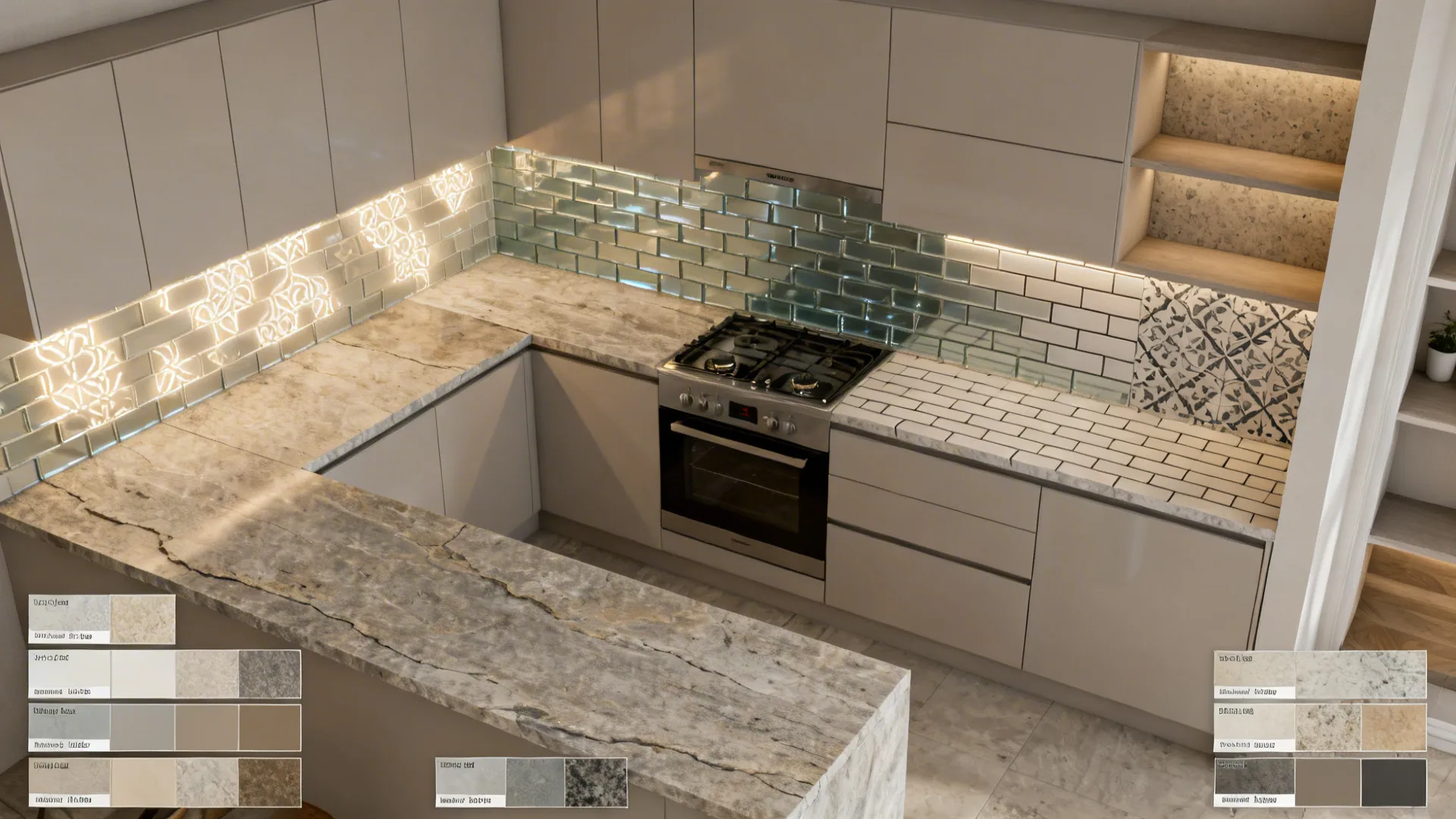 Top-down L-shaped kitchen plan showing zones for slab, glass, subway, and patterned backsplash materials.