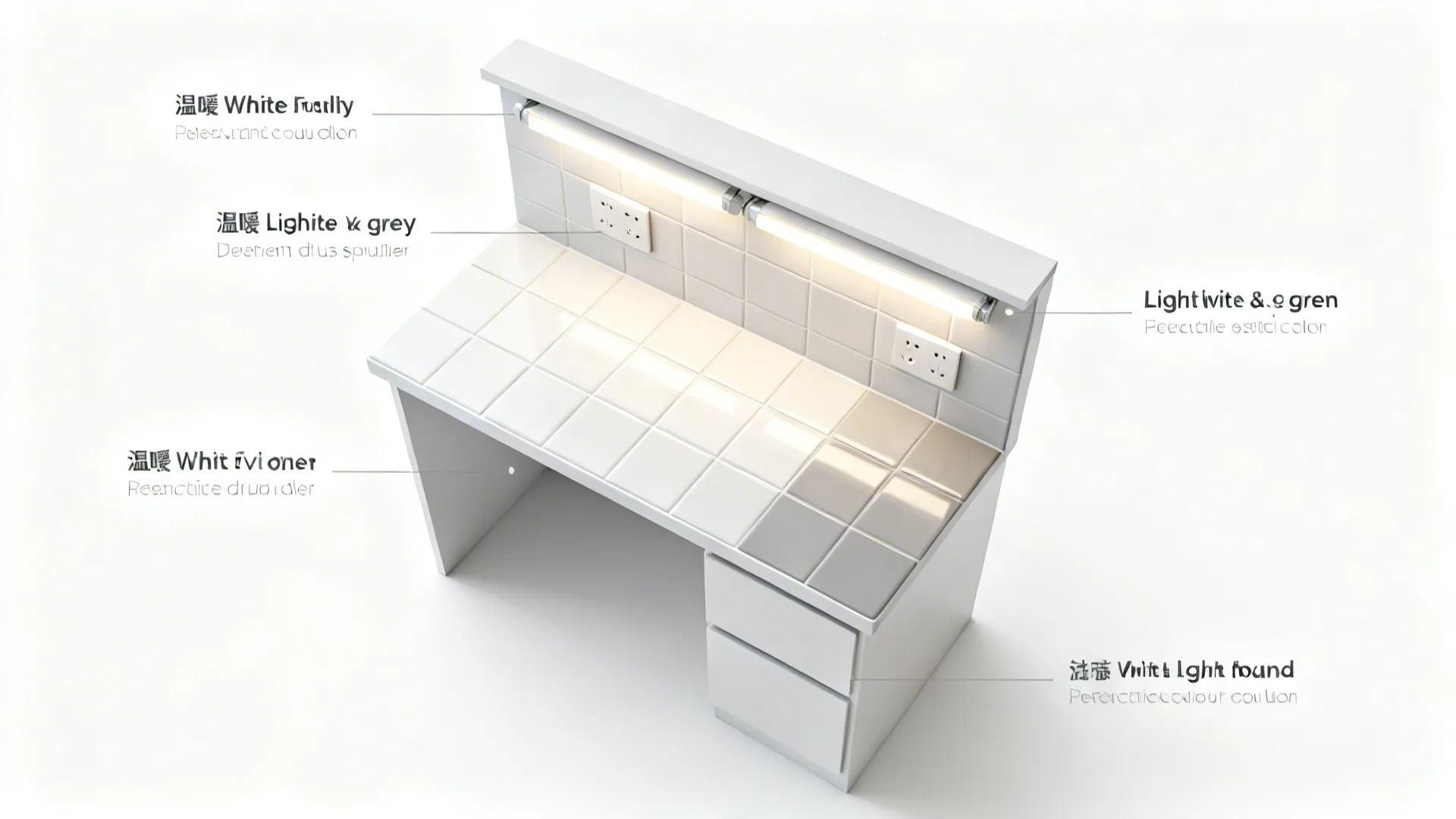 Top-down view showing grout tones, LED placement, and outlet spacing on a white backsplash