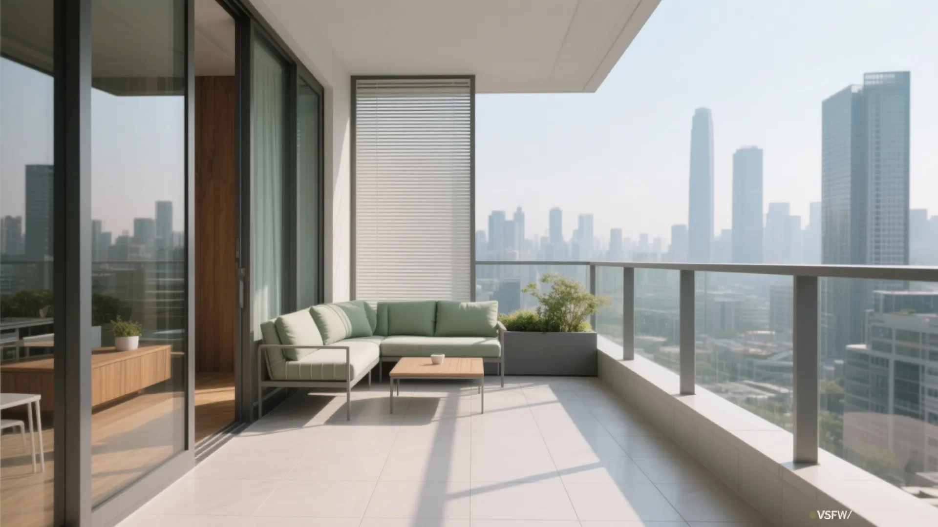 Modern balcony with a light green sofa small wood table glass railing and city skyline