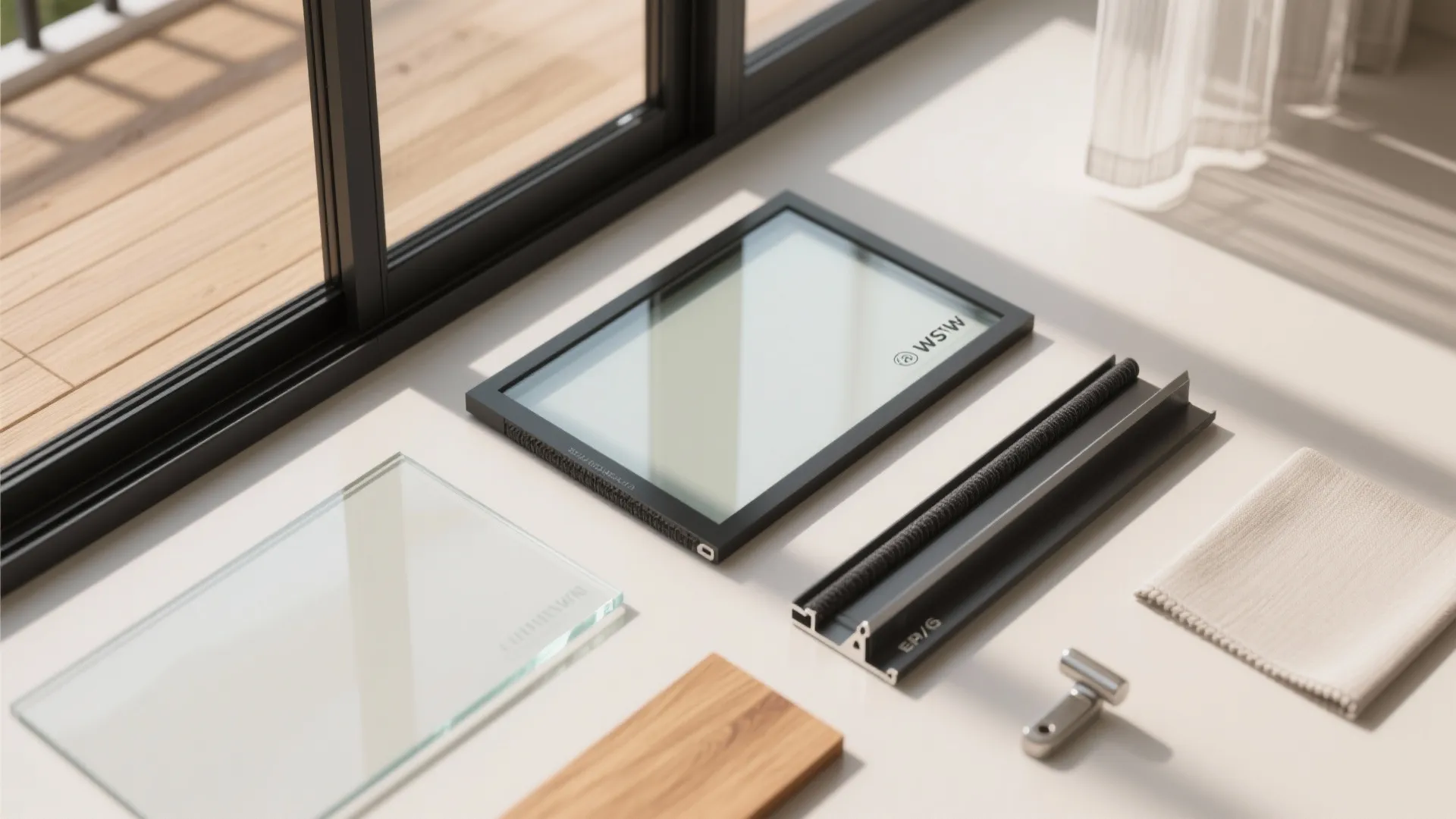Window frame parts glass panel wood sample and fabric swatch on white table near balcony glass