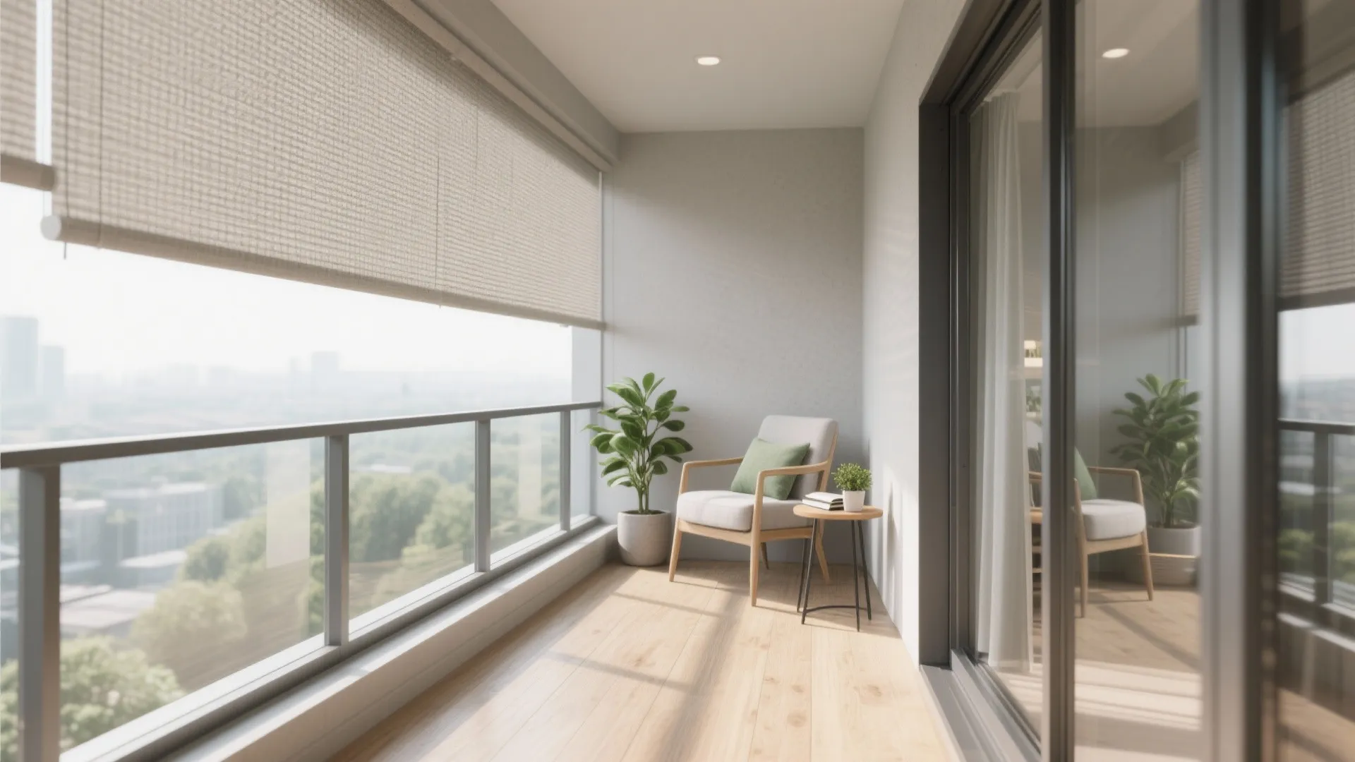 Sunlit apartment balcony with wooden flooring featuring a cozy armchair small side table and potted plant