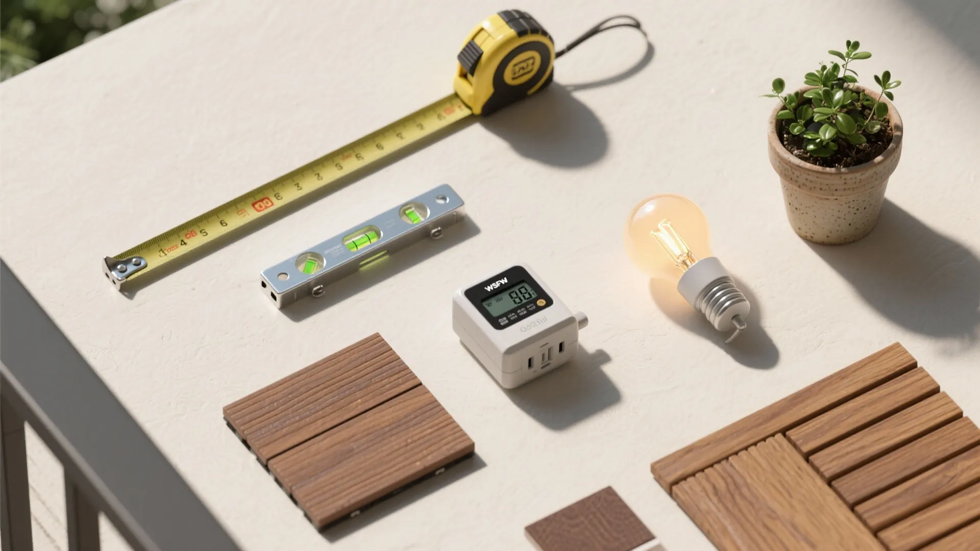 Tape measure, level tool, energy meter, light bulb, and plant on a white table surface