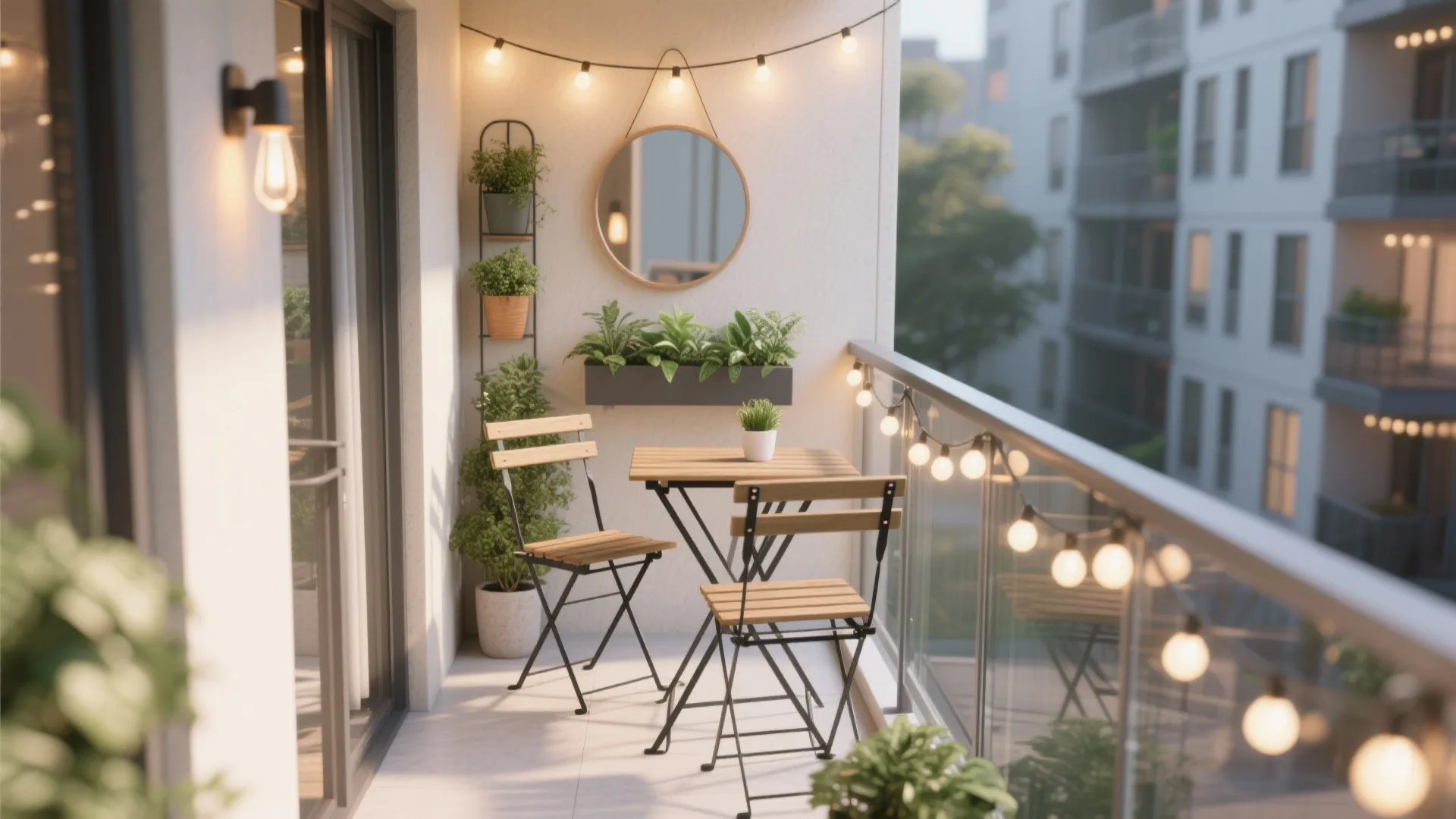 Cozy small balcony at night featuring hanging string lights round mirror and wooden bistro set