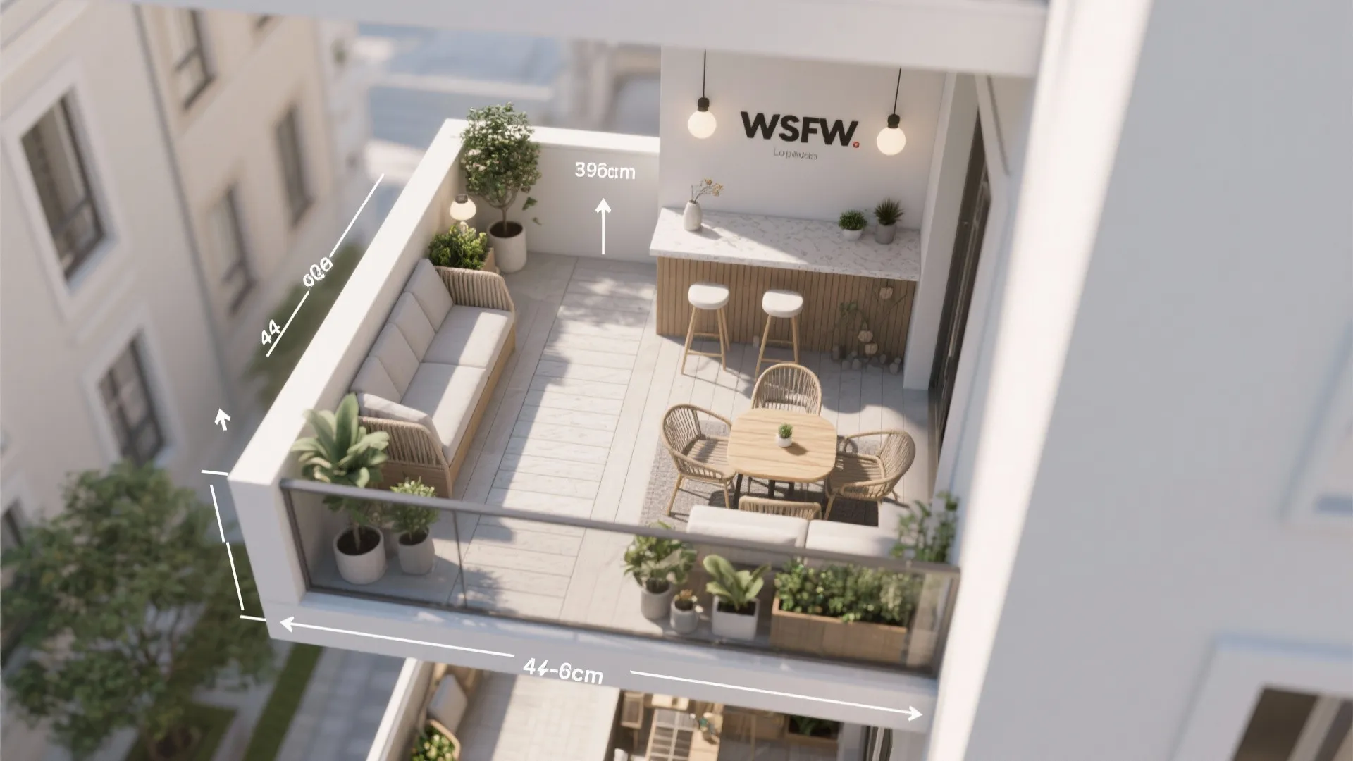 Modern balcony interior design drawing with outdoor sofa dining table bar counter stools and plants