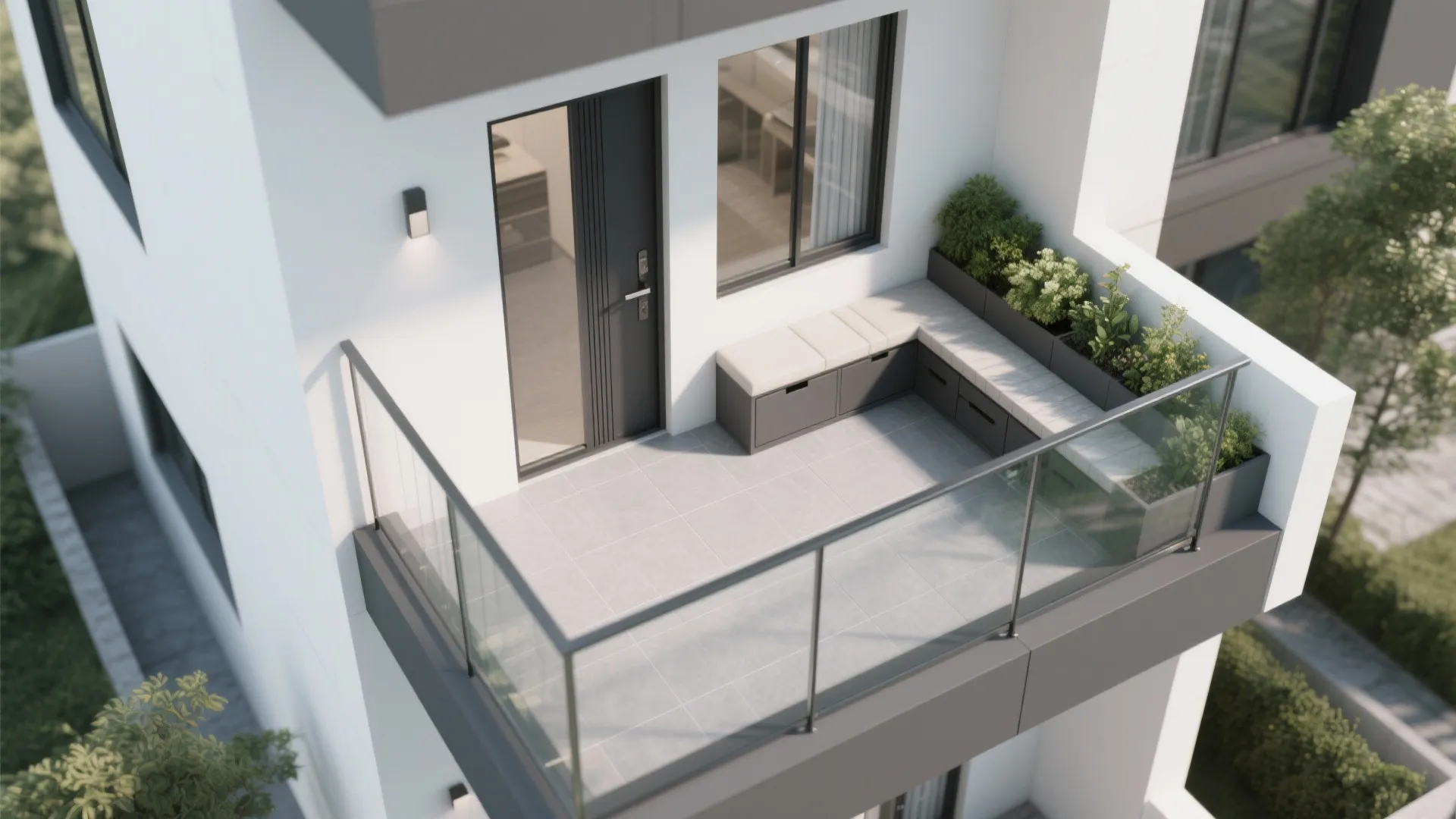 Modern white balcony featuring grey floor tiles built in storage bench and glass safety railing