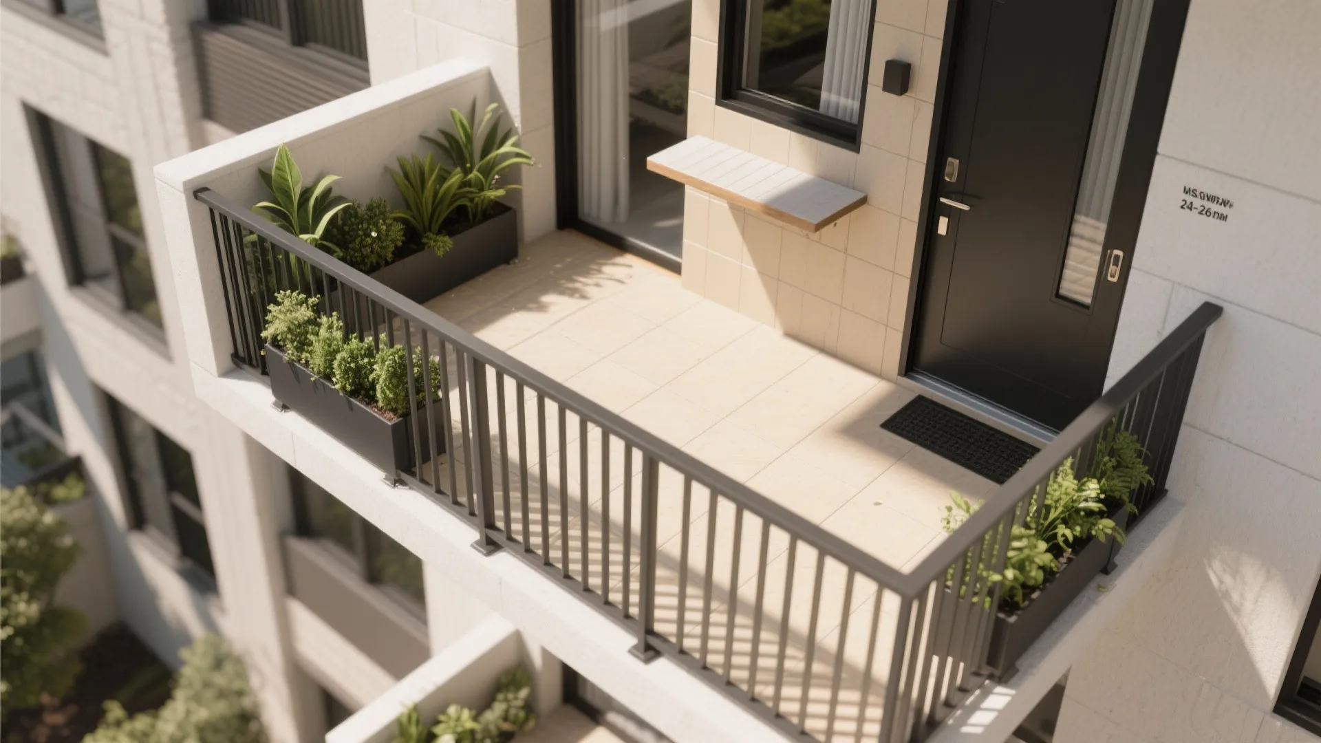 High angle view of a clean modern apartment balcony with black railing and potted green plants