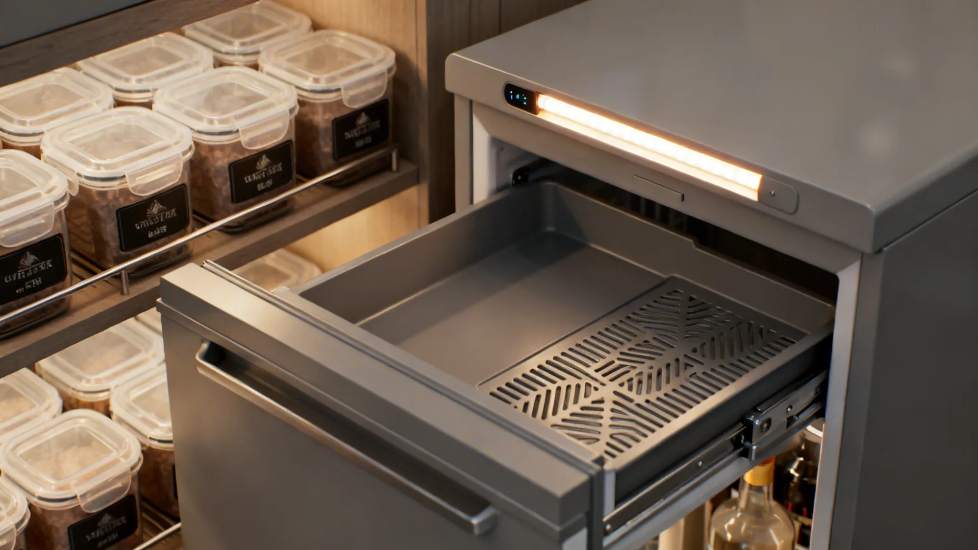 Close-up of under-counter fridge drawer, drip tray, ventilation and LED strip for a compact bar.