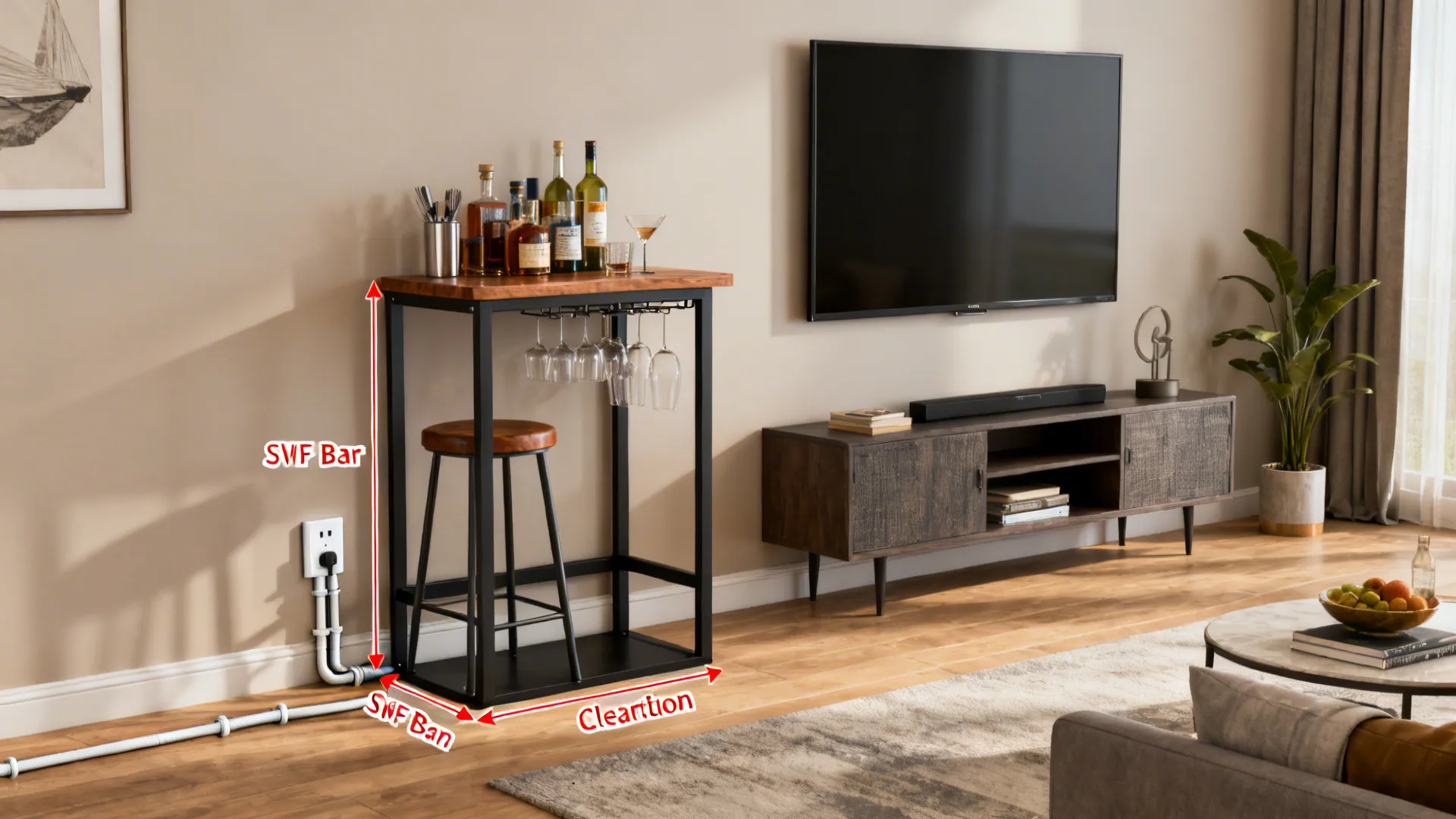 Compact living room bar showing recommended clearances, outlet proximity and safe placement near TV.