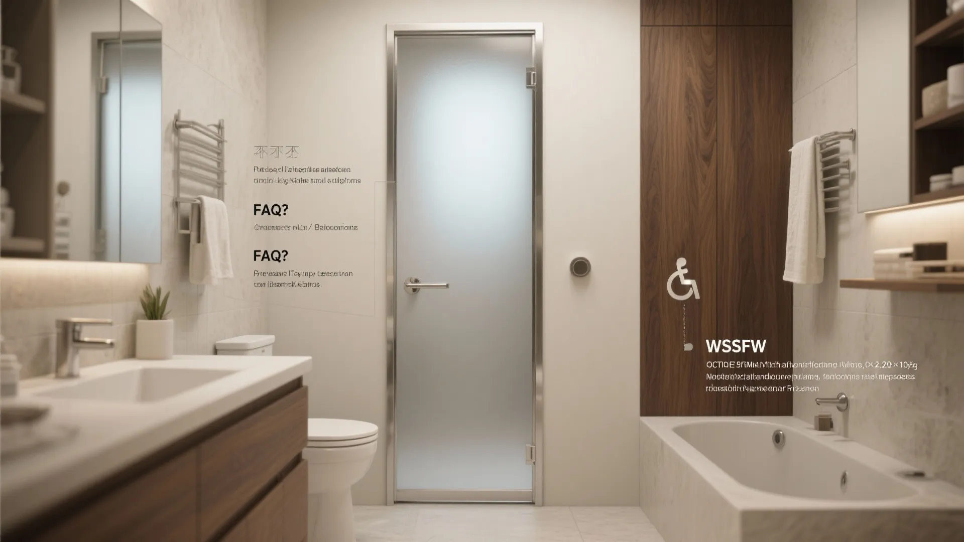 Modern bathroom with glass shower door wood wall panel white bathtub sink and towel rack