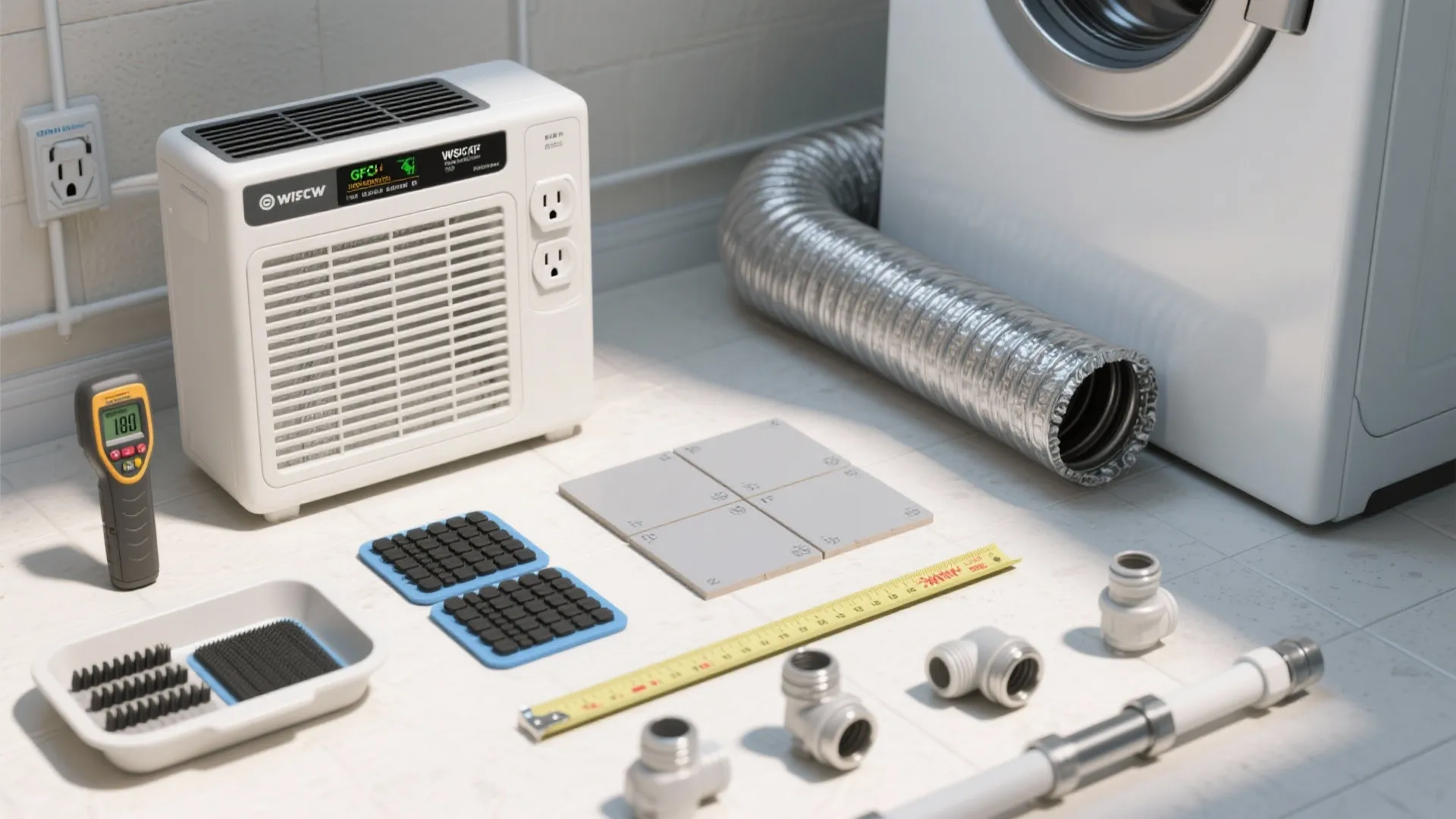 Portable heating unit next to washing machine with vent pipe tape measure and plumbing tools