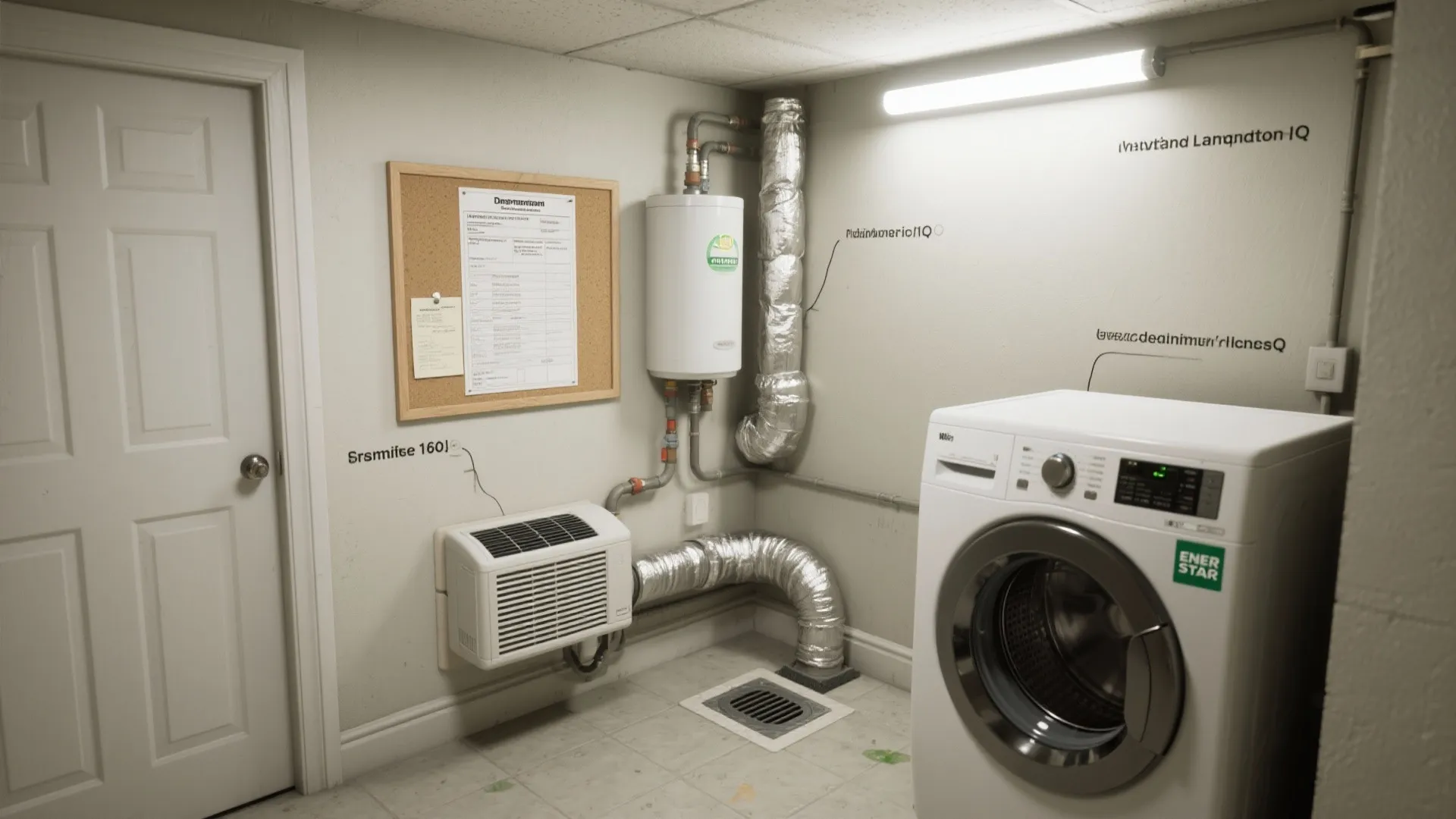 Basement utility area with white washing machine water heater air conditioner unit and a bulletin board