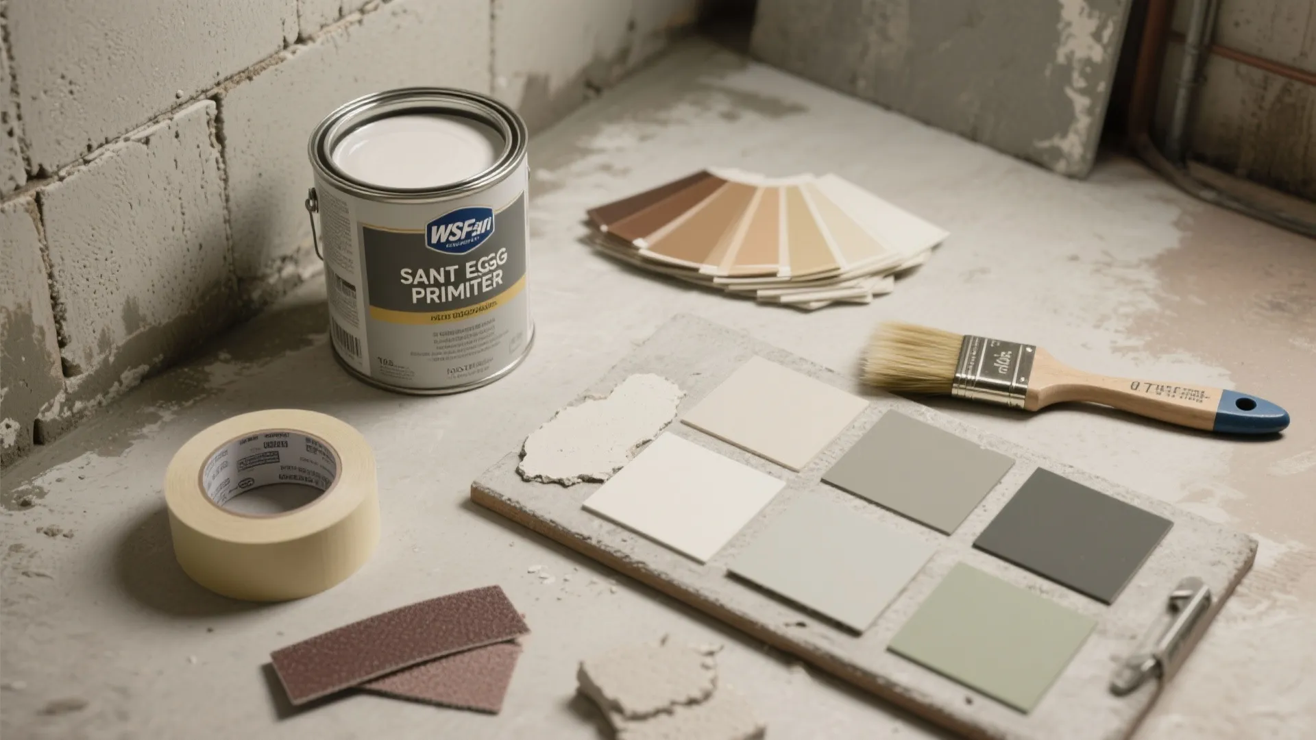Interior painting supplies including a paint can color samples brushes and tape on concrete floor