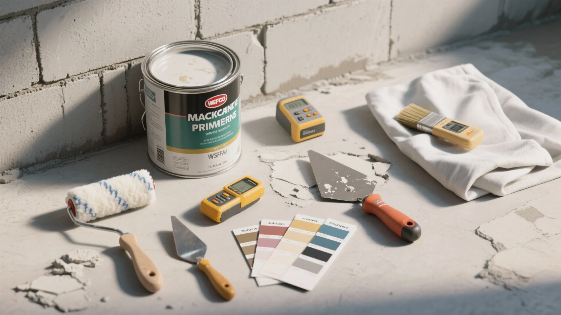 Basement wall painting tools including paint bucket roller brush color cards and electronic measurement devices