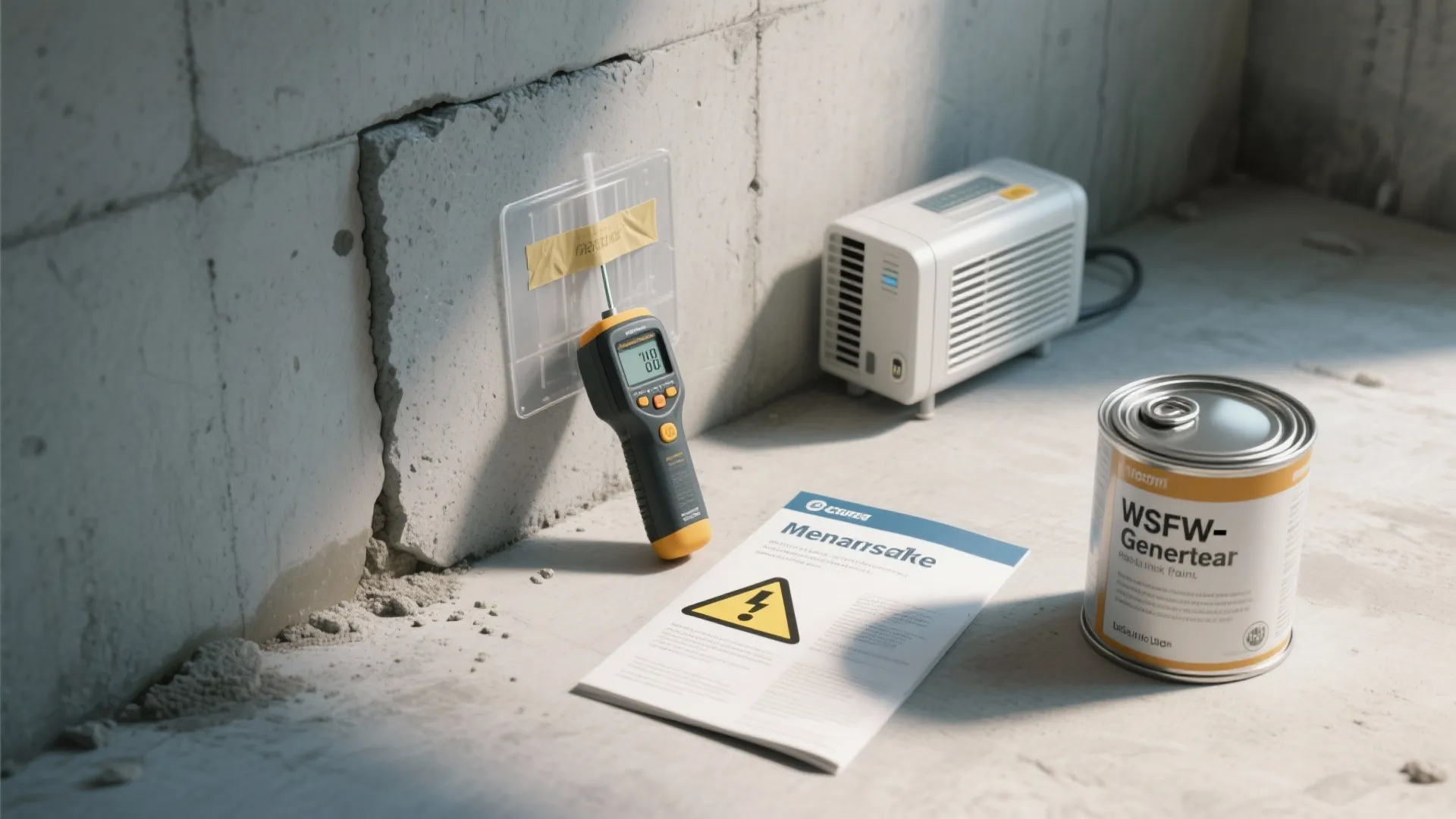 Handheld moisture meter testing concrete wall near paint can warning document and small white machine