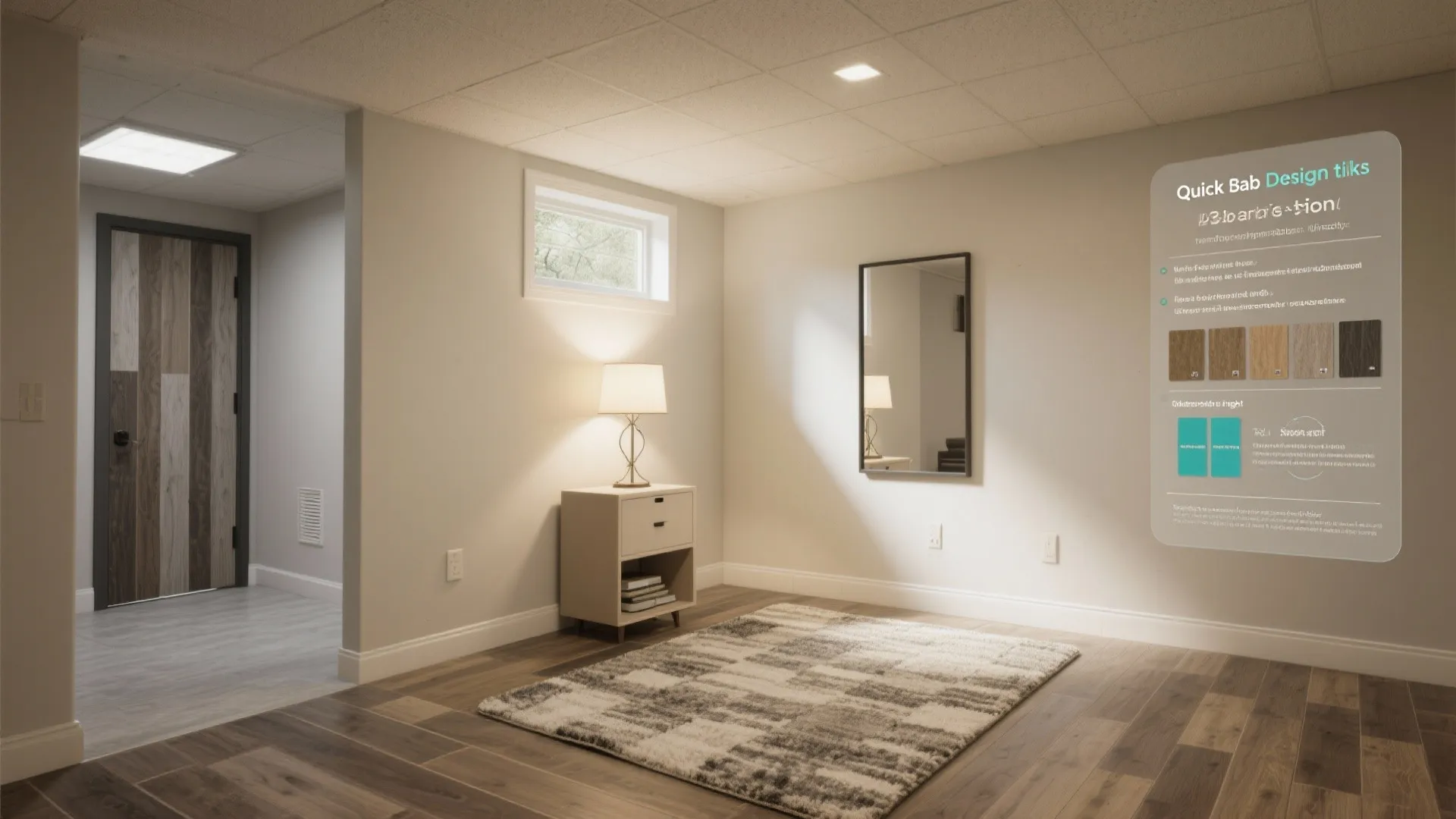 Basement room with white walls wood floor patterned rug small cabinet lamp mirror and ceiling light