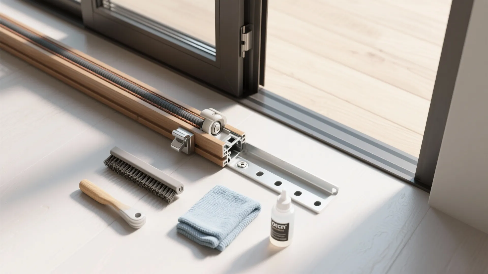 Cleaning tools including brushes cloth and oil bottle next to sliding glass door track frame