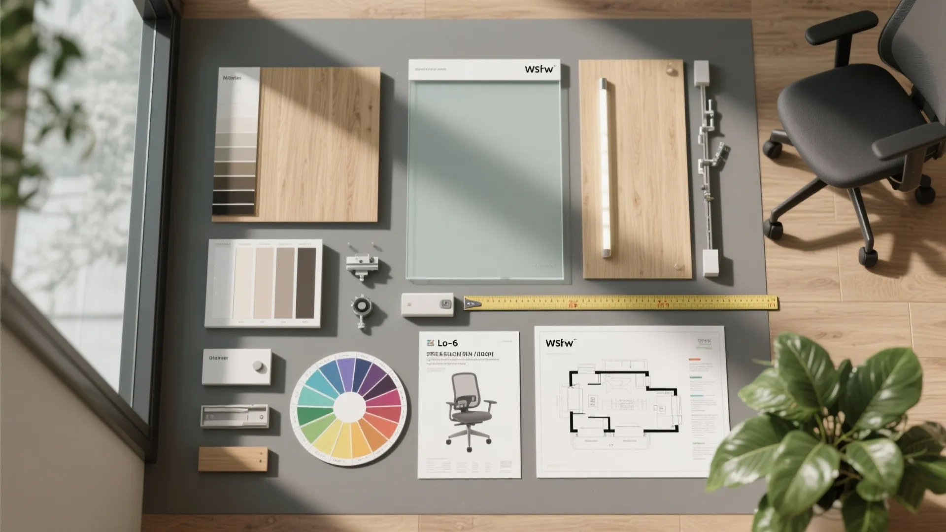 Interior design mood board with color wheel wood samples floor plan sketches and office chair