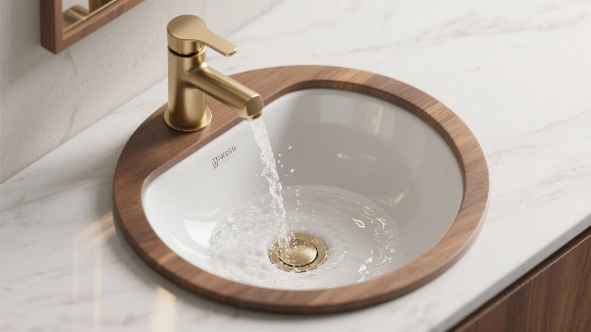 Water flowing from gold faucet into white sink with wood trim on white marble counter surface