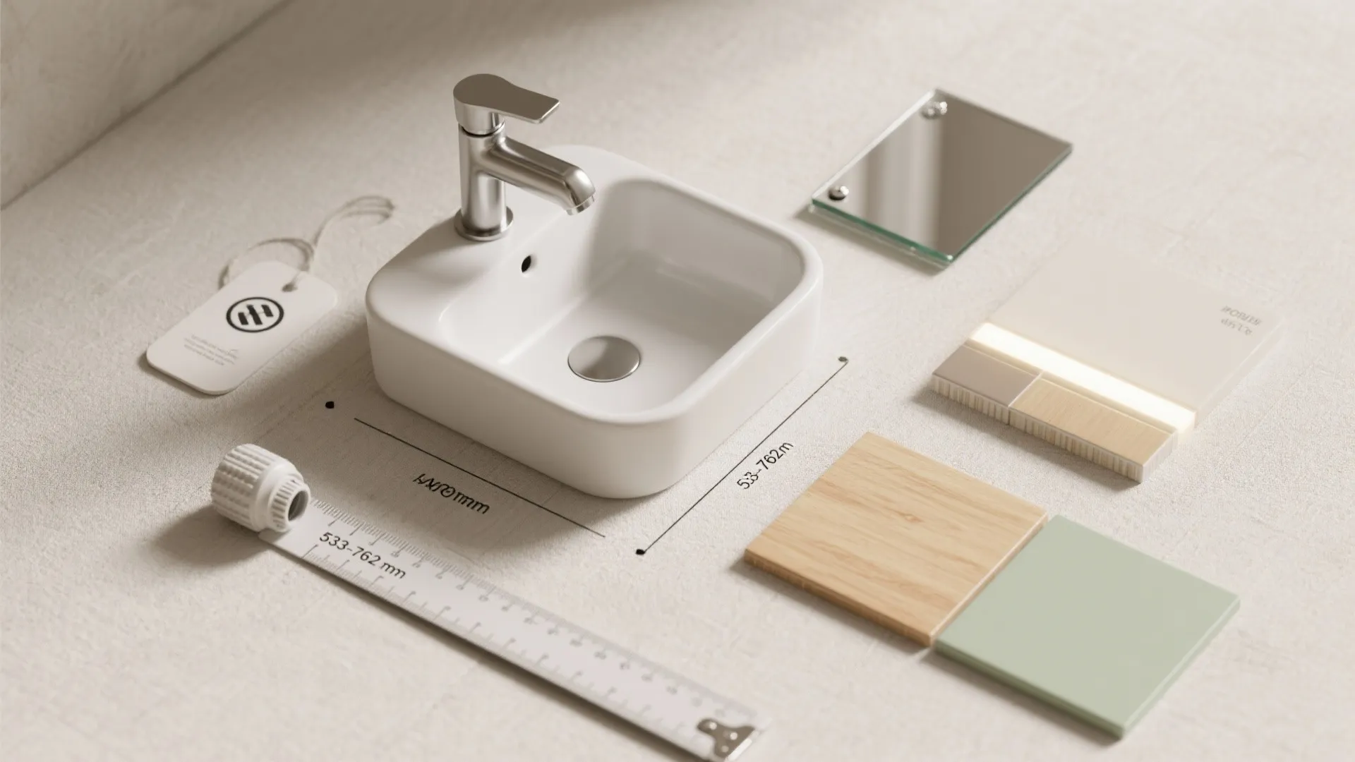 Flat lay of basin planning essentials: mini sink sample, aerator, tape, bracket, and finish swatches for a small bathroom basin.