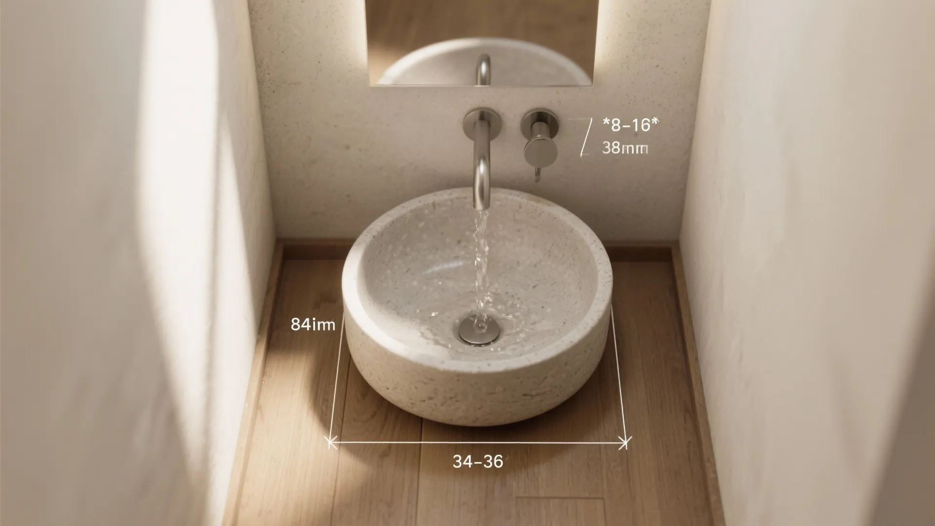 Top view of round stone wash basin with dimensions and water flowing from silver faucet