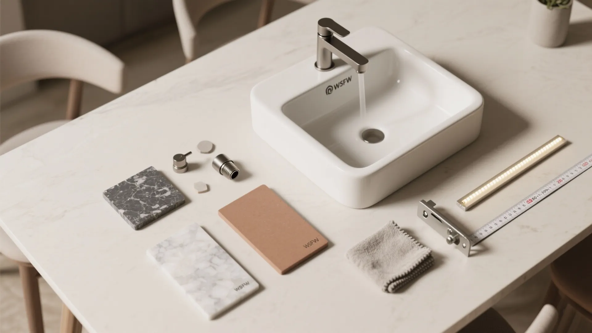 White square sink on table with stone samples metal parts light fixture and measuring tape
