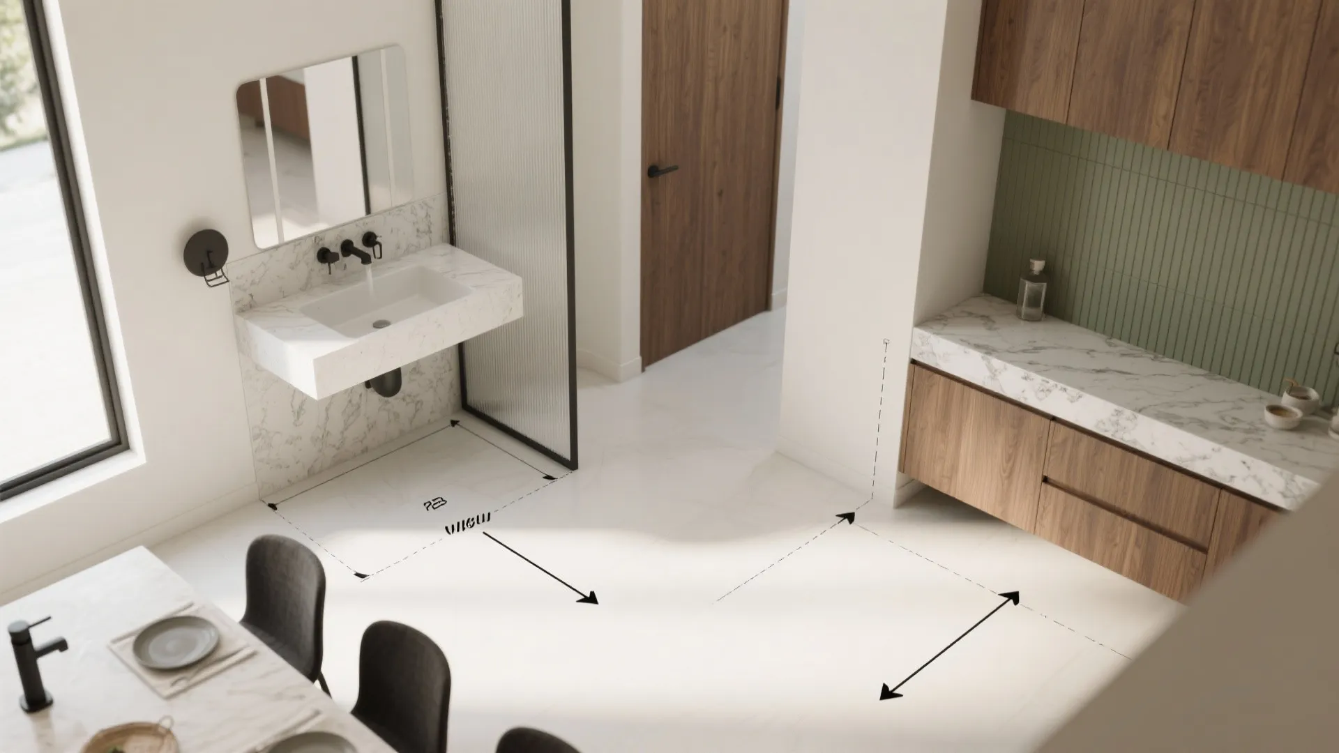 Modern bathroom interior design drawing with marble sink wood cabinet and black measurement floor arrows