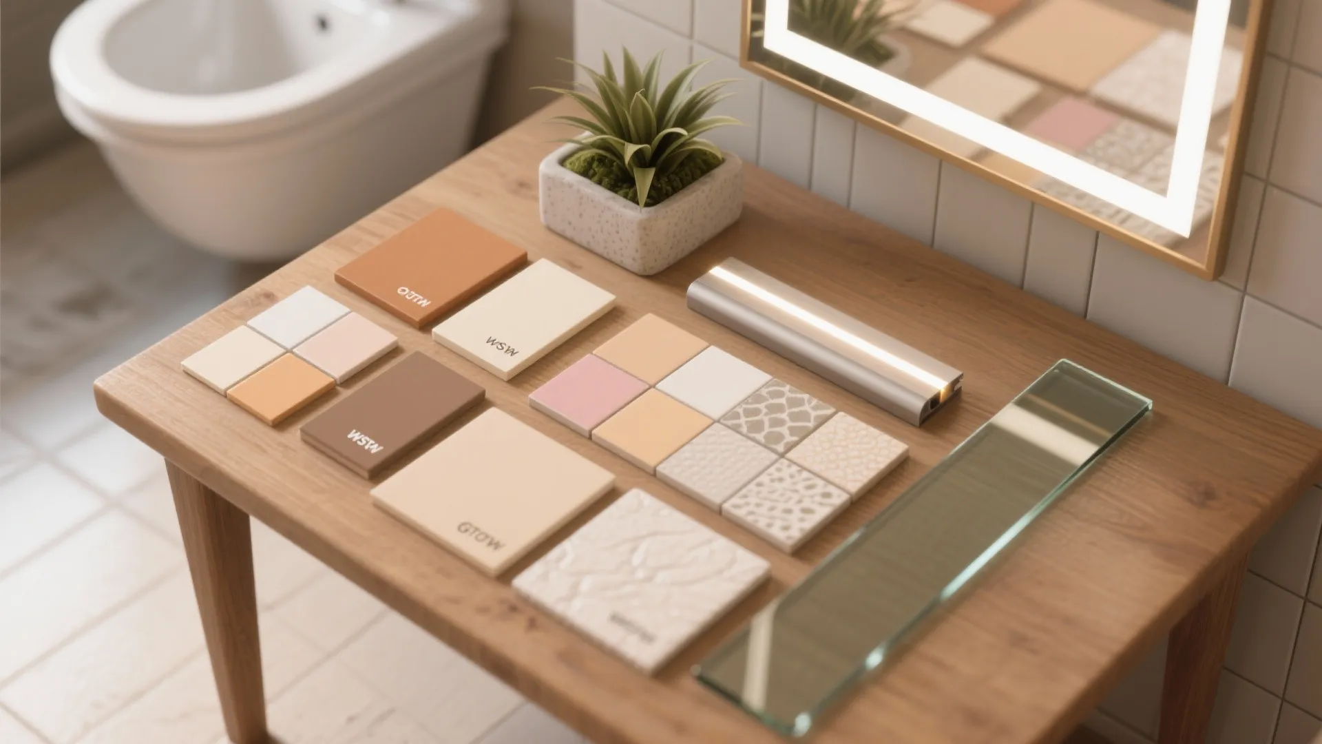 Wooden table with bathroom material samples plant mirror and light fixtures for interior design planning projects