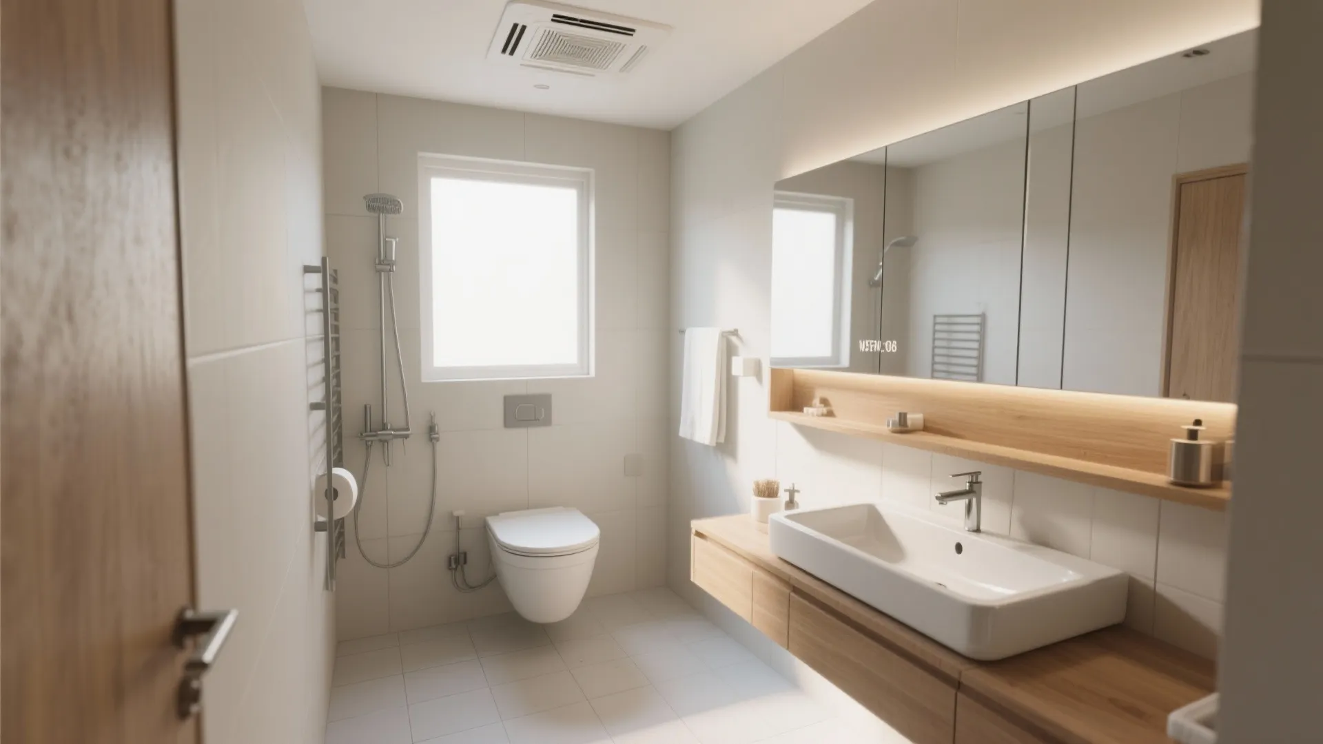 Bright bathroom interior with a white sink wooden counter wall mirror toilet shower and small window