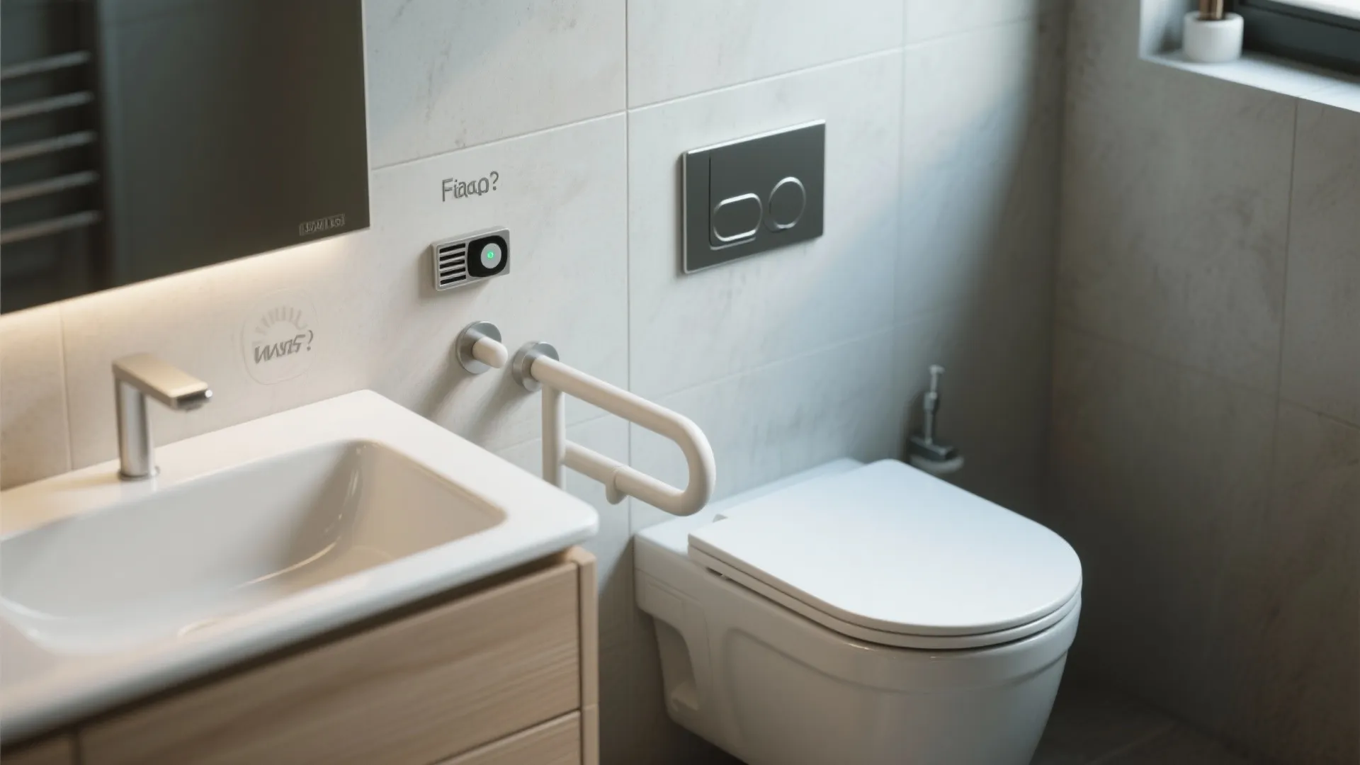 Detail shots of wall-mounted toilet, grab bar and exhaust fan representing common small-bathroom FAQs.