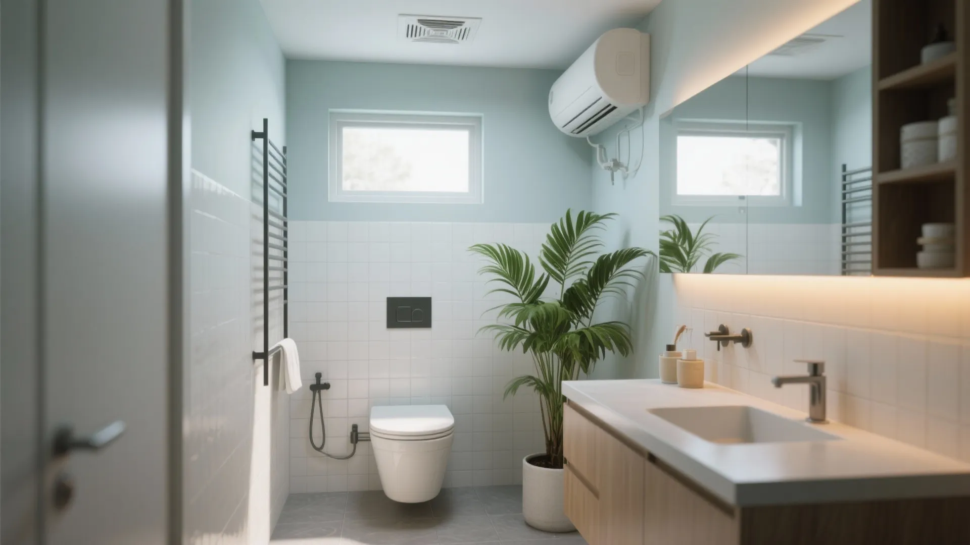 Modern light blue bathroom with white wall tiles green plant toilet and wooden sink cabinet