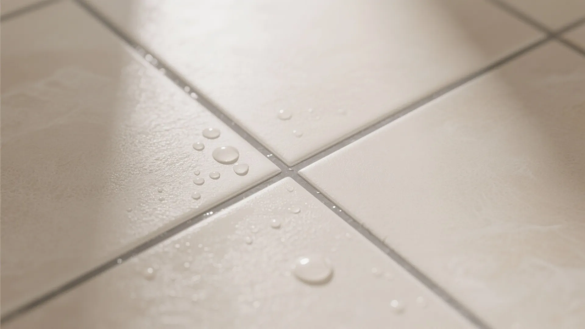 Close up view of beige bathroom floor tiles with water drops and grey grout lines