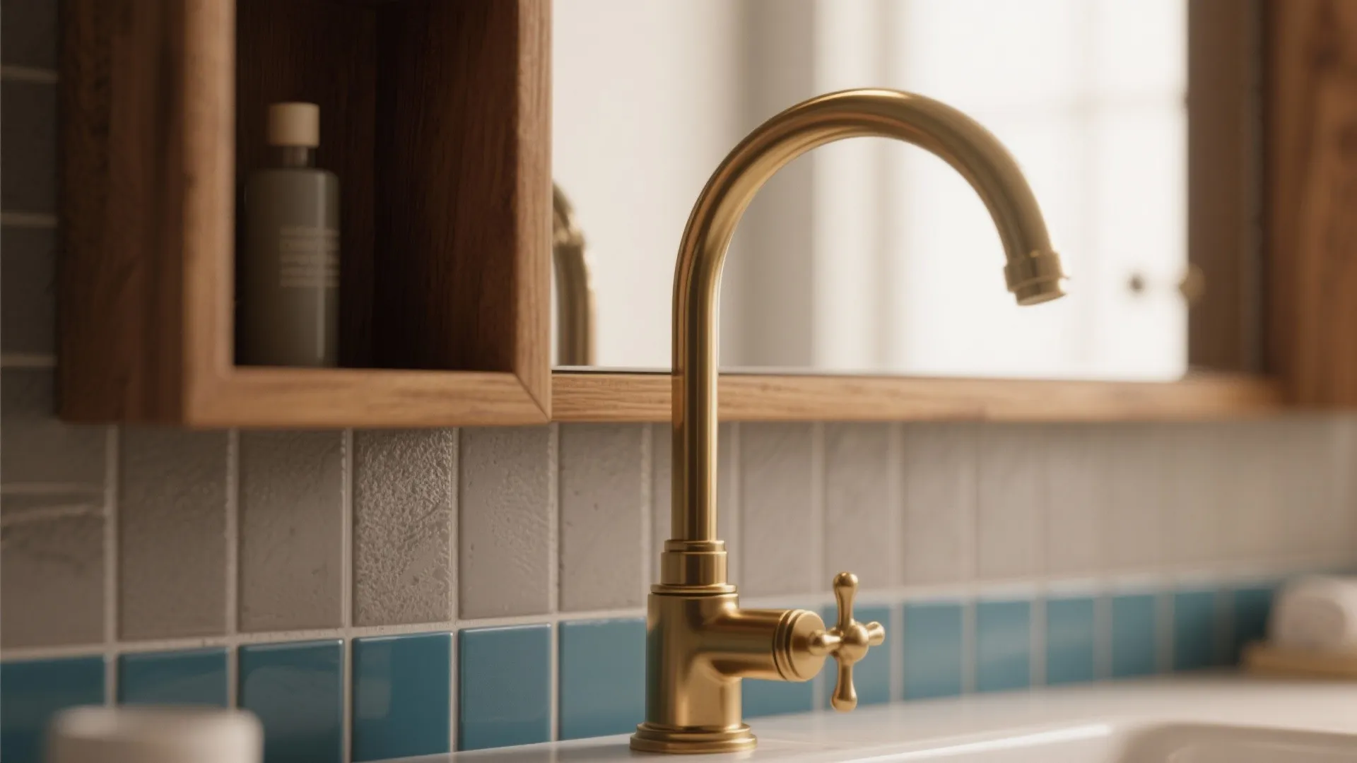 Close up of a gold water tap over a white sink with blue wall tiles