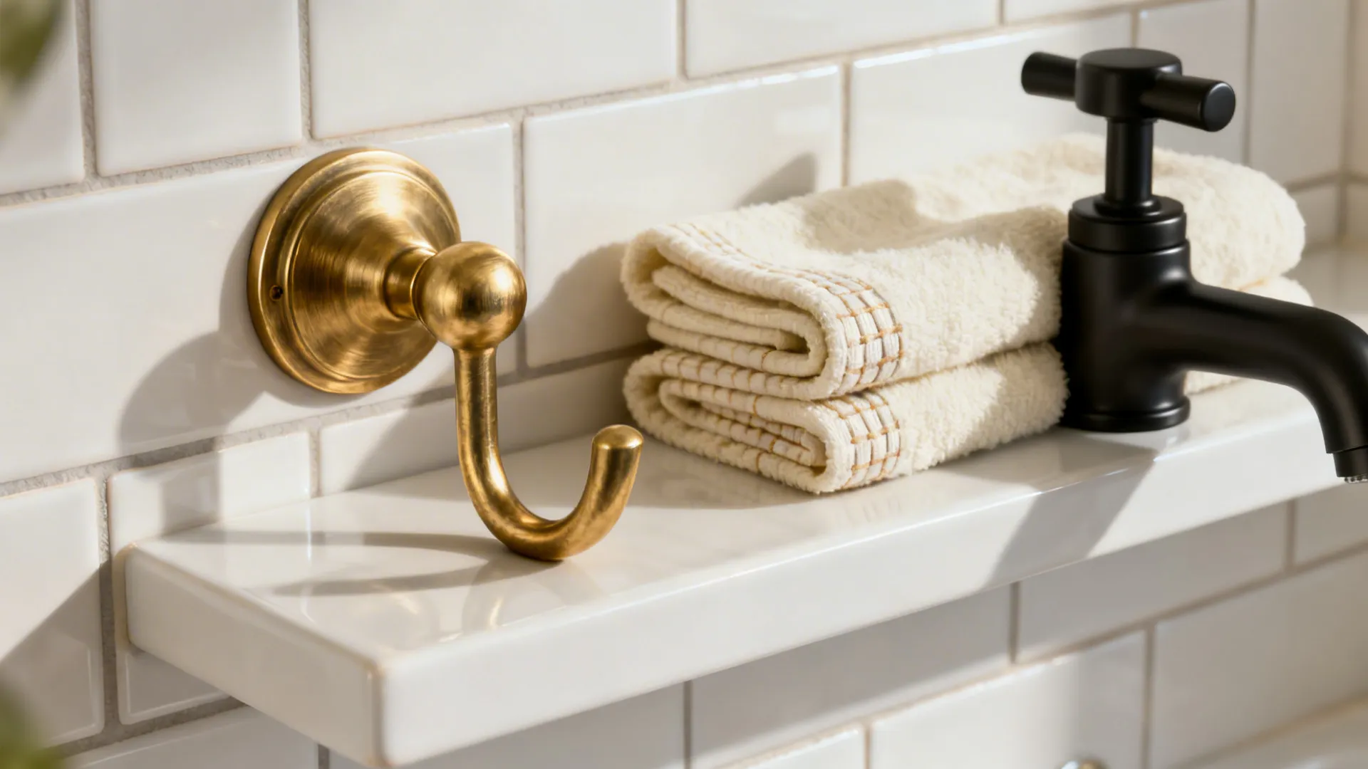 Brass accent hook, soft textile and matte black faucet details to warm a monochrome bathroom.