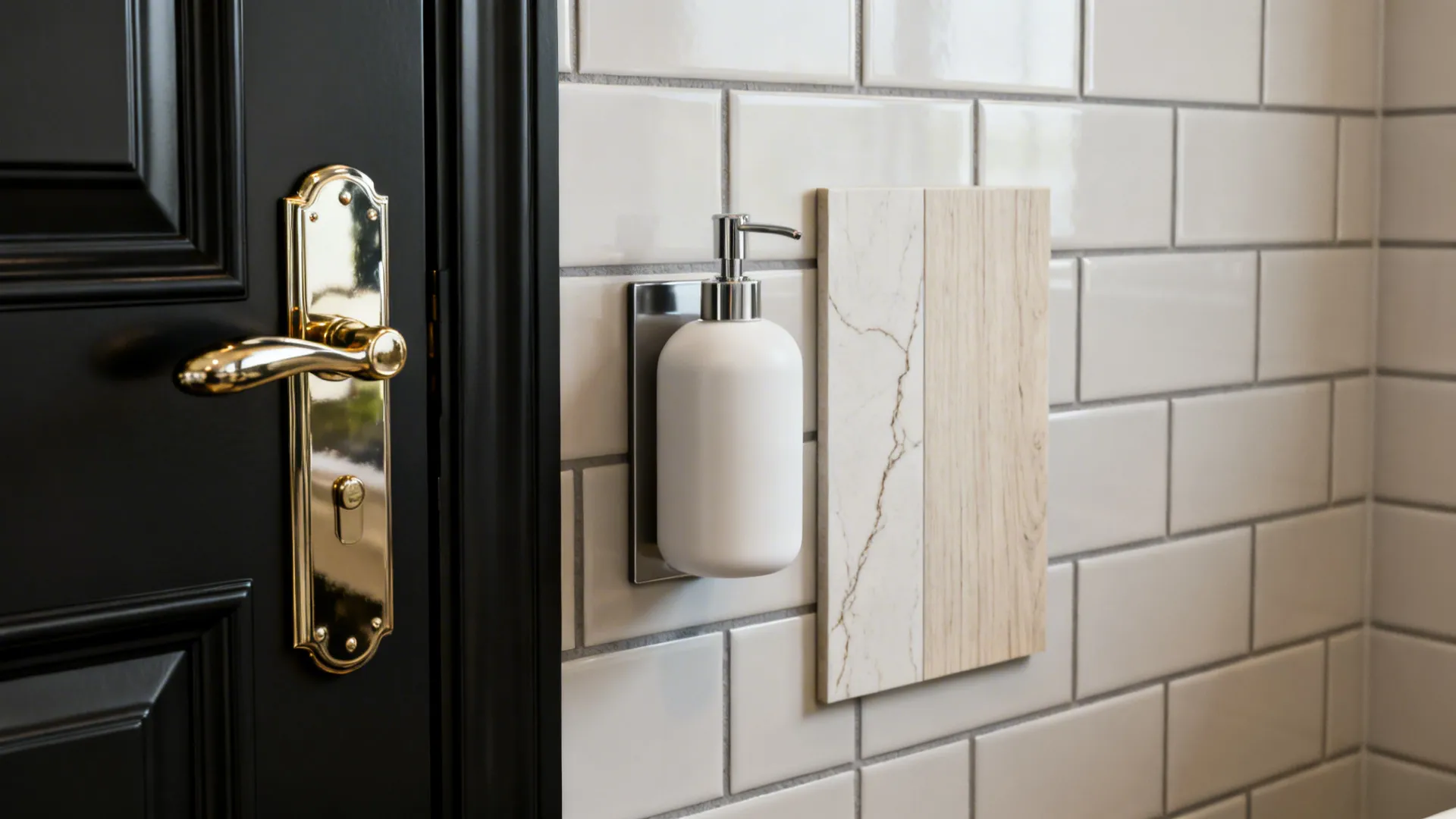 Close-up montage showing finishes, brass hardware, and moisture-resistant surfaces for a black vanity bathroom.