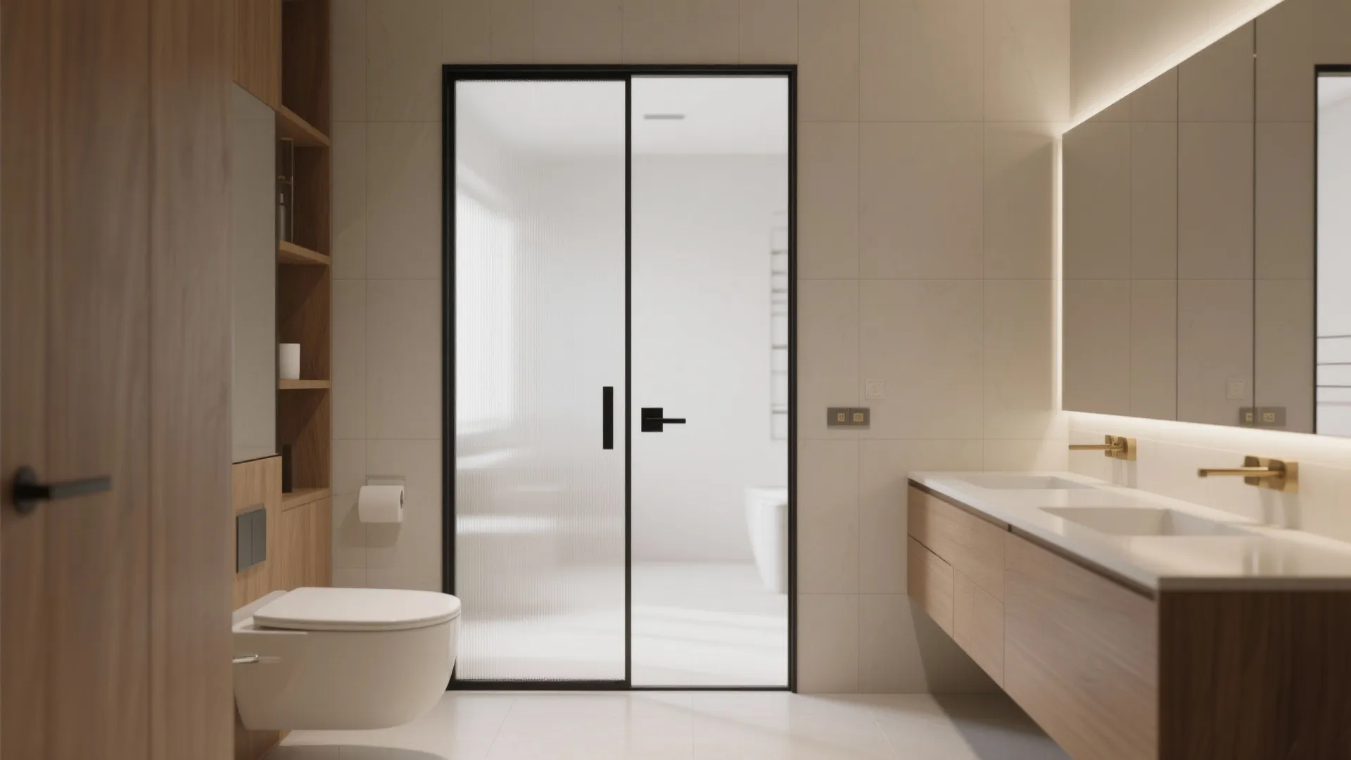 Modern bathroom with glass sliding door wooden cabinet double sink mirror and white wall toilet