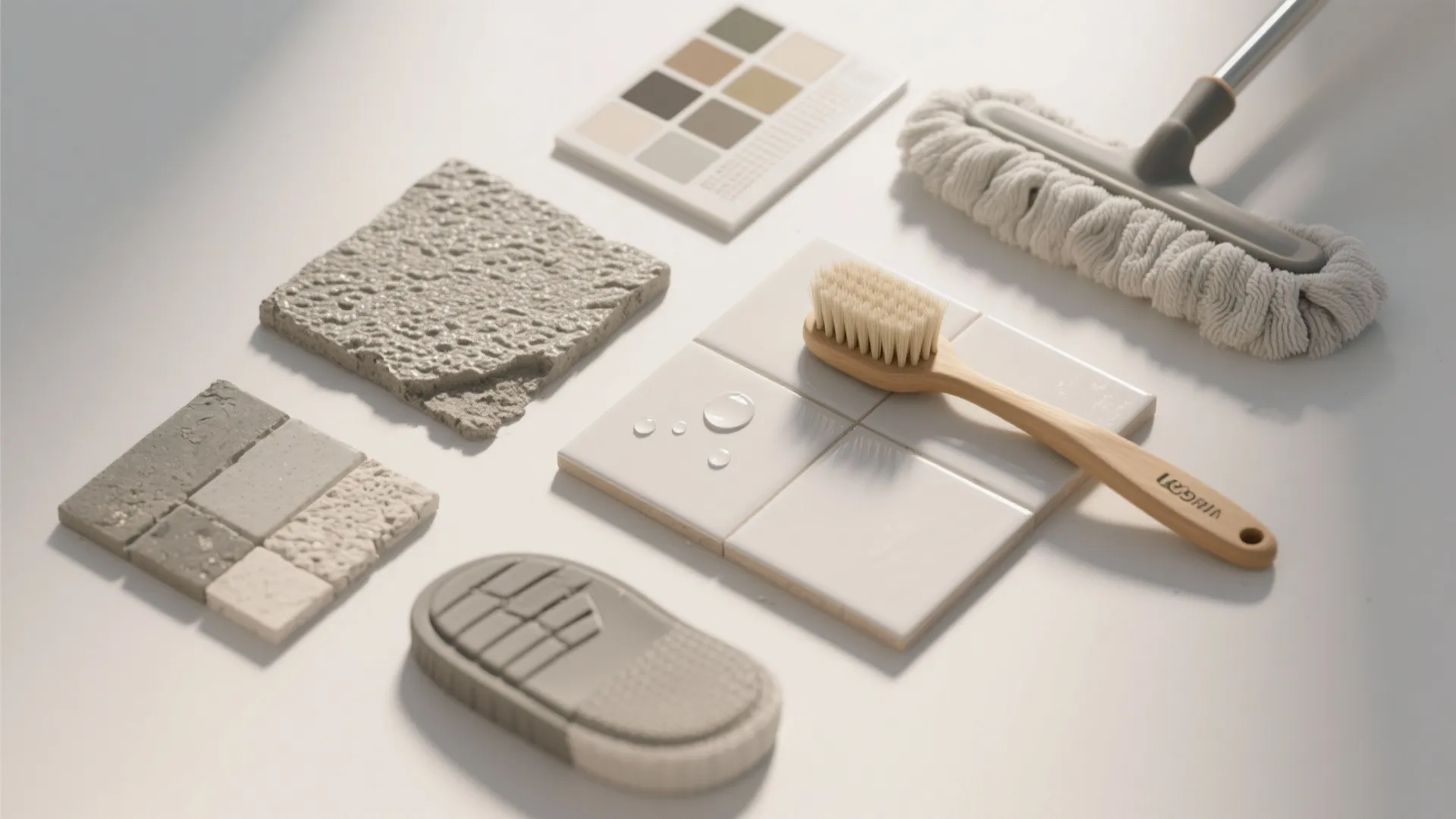 Flatlay of rough tile samples, grout swatches, soft brush and mop—tools for safer, easy-clean bathroom floors.