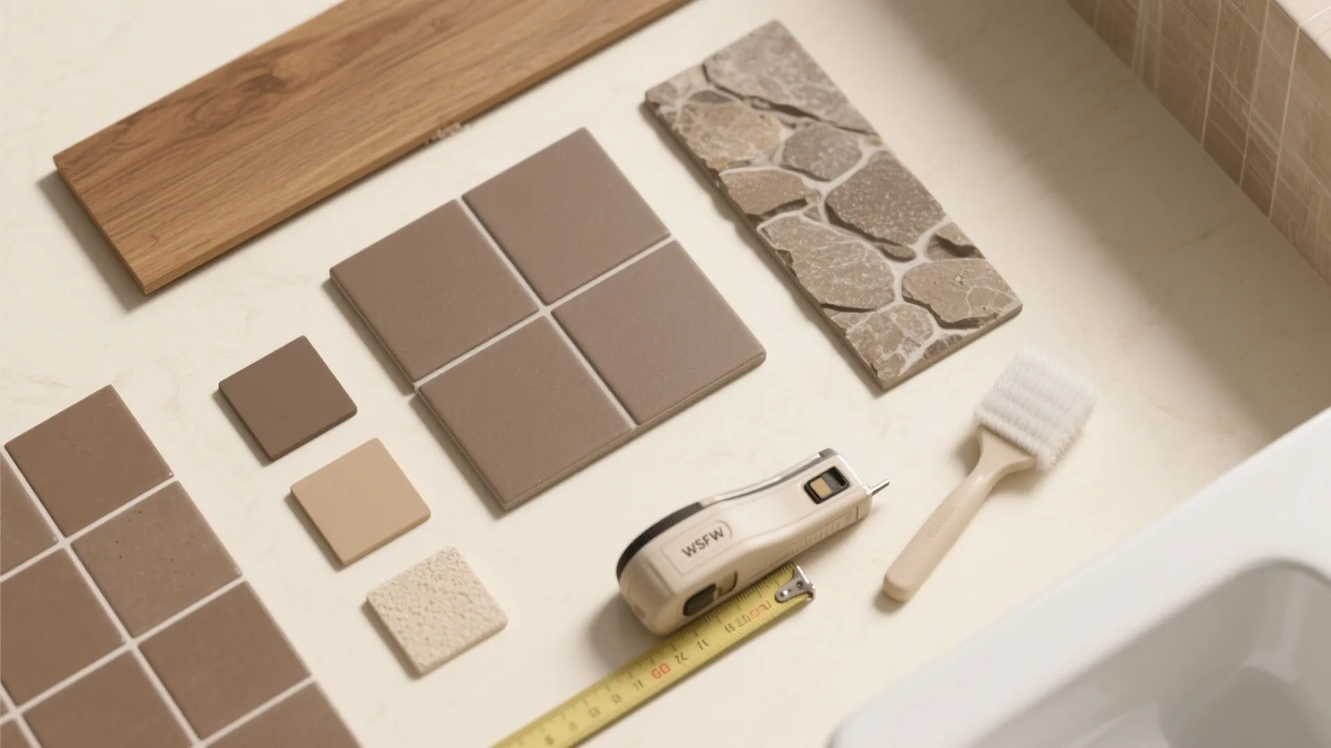Flatlay of brown tile samples and grout swatches on a cream surface, top-down